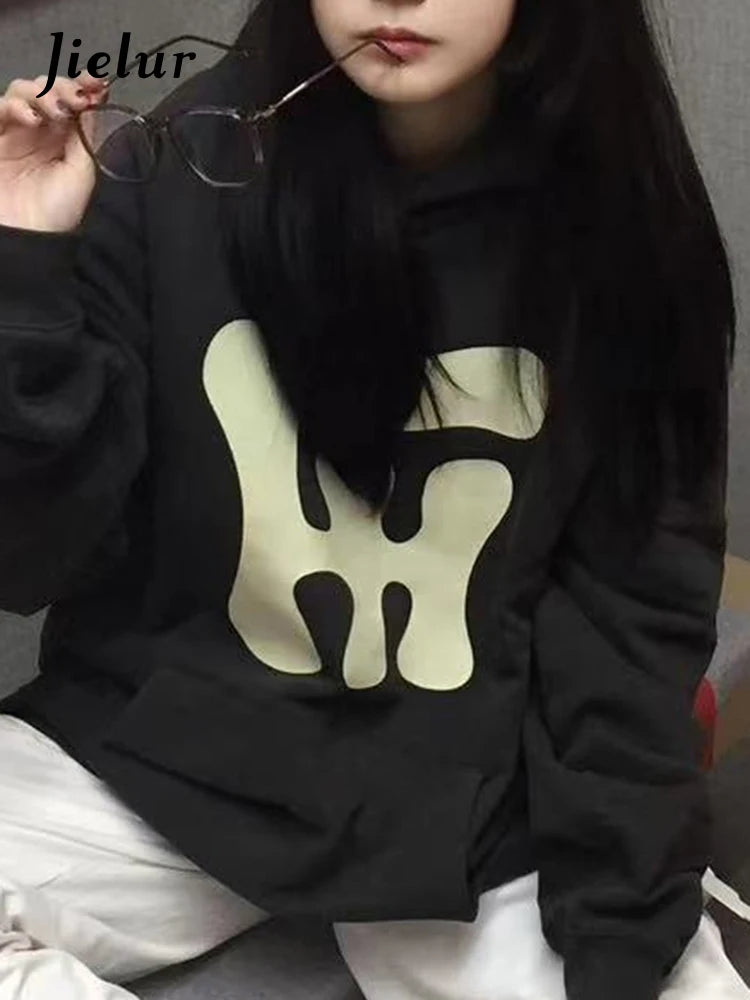 Black O-Neck Printed Women's Hoodies - Fashion Casual Pullover Sweatshirt with Pockets for Women | Office Wear, Street Style & Everyday Comfort