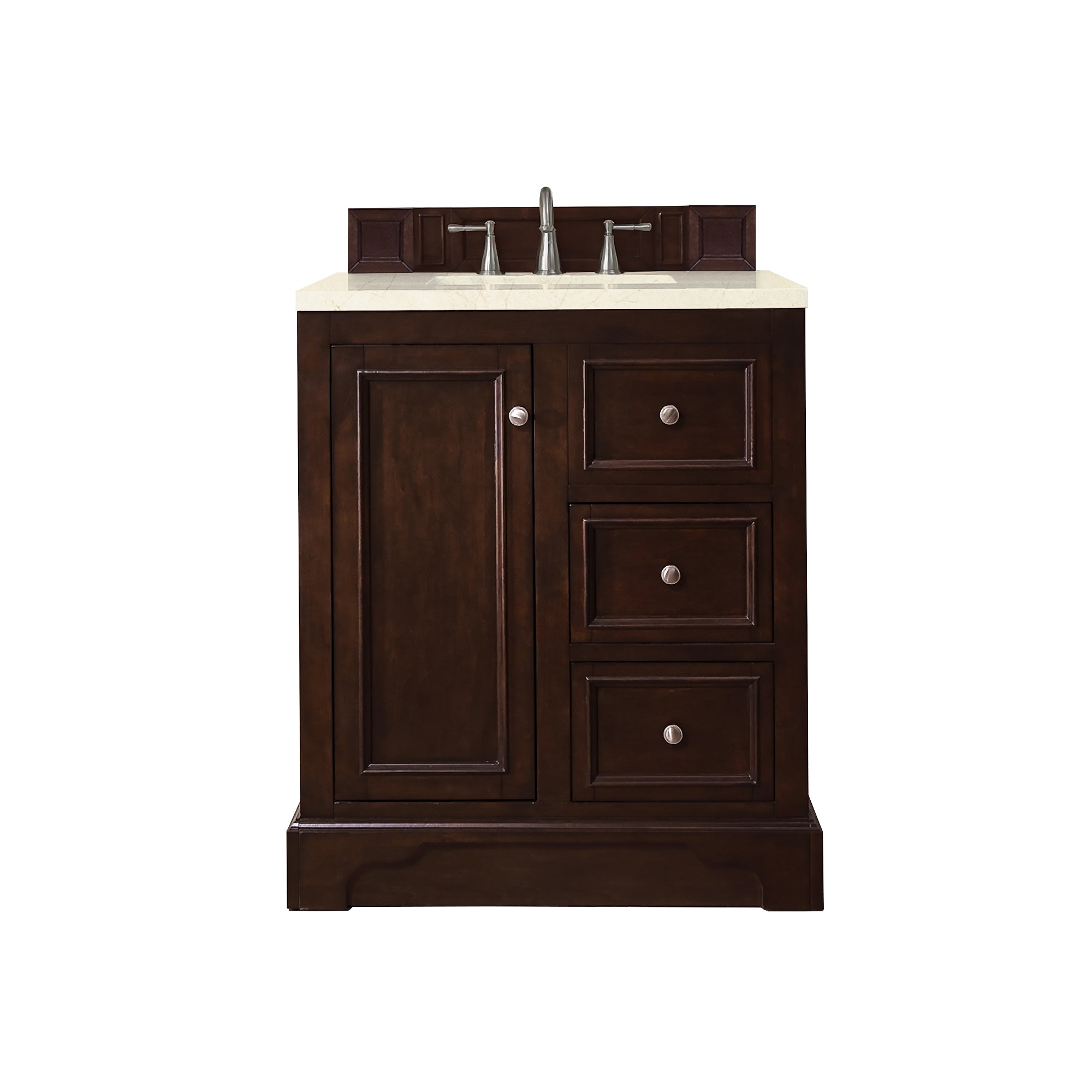 De Soto 30 Inch Single Bathroom Vanity with Burnished Mahogany Cabinet & 3CM Eternal Marfil Quartz Countertop - Perfect for Modern Master Bathrooms & Powder Rooms