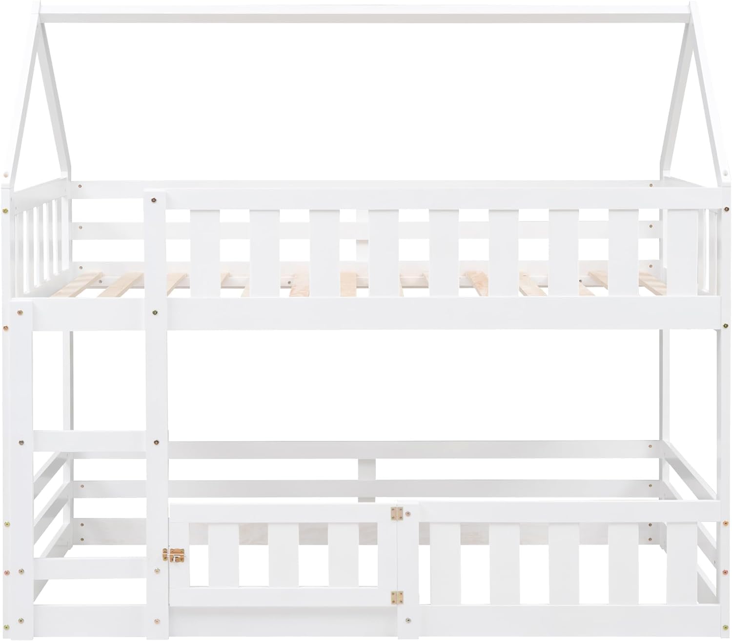 **MERITLINE Wooden Twin Over Twin Bunk Bed with Fence, Door & Roof - Kids Loft Bed for Girls & Boys - Easy Assembly, White - Perfect for Small Bedrooms & Shared Spaces**