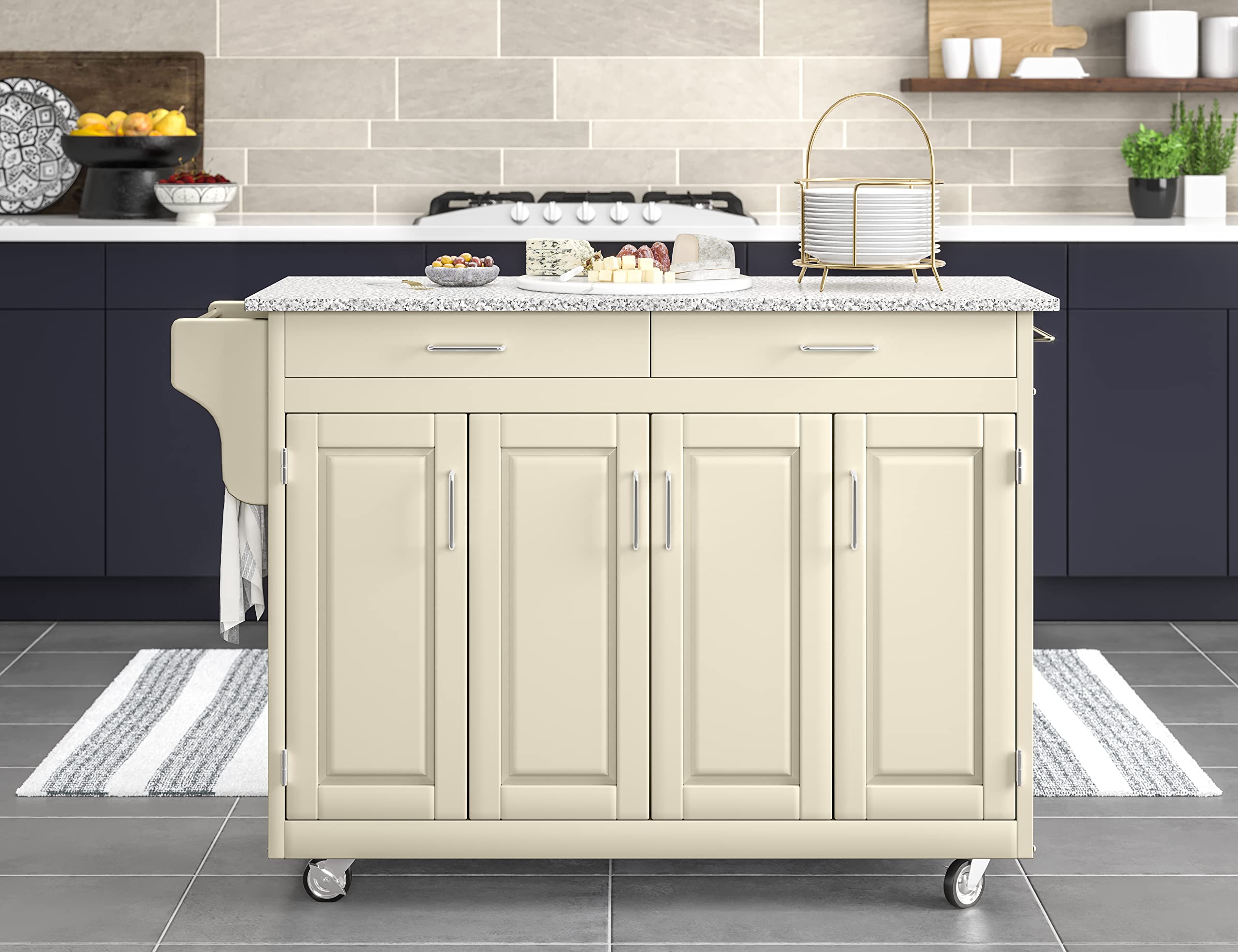 Homestyles Kitchen Cart with Gray Granite Top & Off White Frame - Rolling Island for Small Spaces, Extra Counter Space & Storage - Perfect for Apartments, Dorms & Compact Kitchens