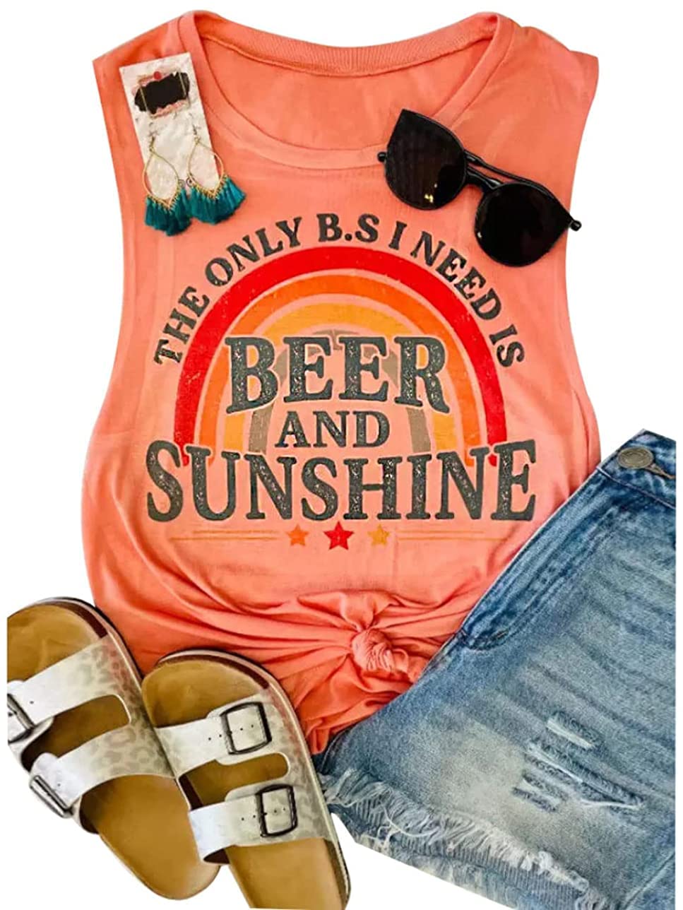 Women's Cute Rainbow Graphic Tank Top - Sleeveless Summer Beach Shirt for Vacation, Beer & Sunshine Party Tee | Perfect for Pool Parties, Music Festivals & Casual Outings