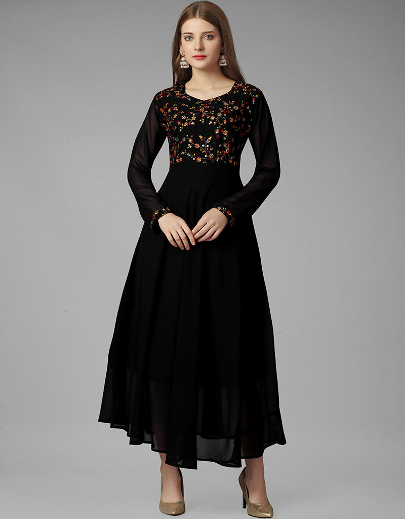 Elegant Black Georgette Embroidered Gown Collection - Intricate Handcrafted Details for Women's Formal Wear | Perfect for Weddings, Parties & Special Occasions
