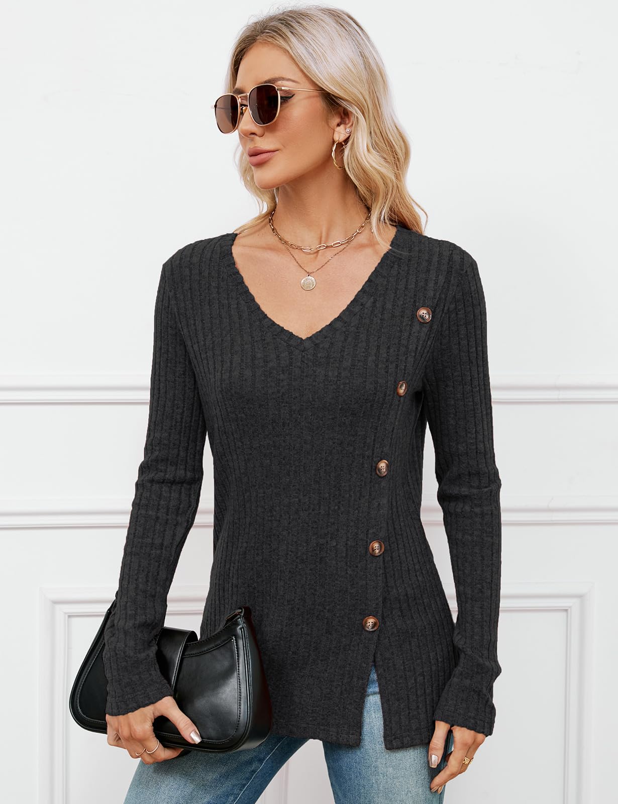 Women's V Neck Knit Jumper - Lightweight Long Sleeve Button Front Top for Casual Wear
