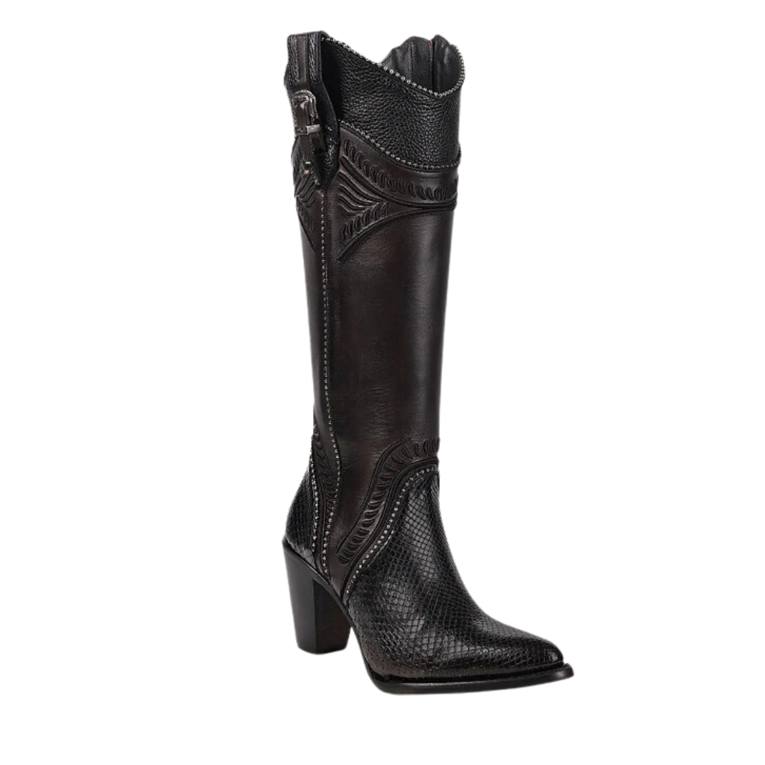 Women's Cuadra CU867 LD Black Python Leather Boots with Embroidery, Studs & Zipper - Round Toe Western Boots for Cowgirl Style & Country Fashion