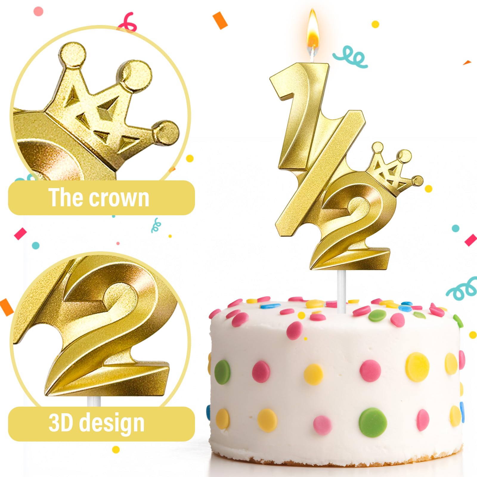 Gold Number 1/2 Birthday Candles - Crown Cake Topper for 6-Month Babies & Anniversaries | Party Decor