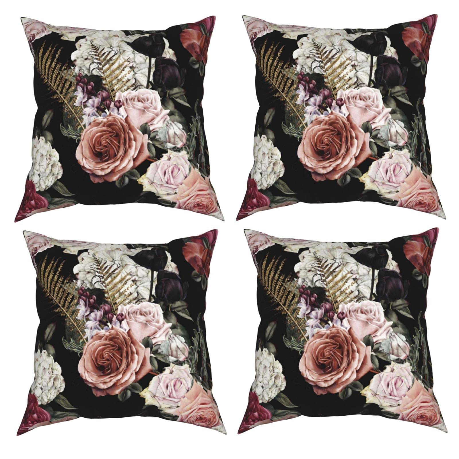 Set of 4 Hydrangea & Rose Floral Print Decorative Throw Pillow Covers 16x16 Inch - Soft Cushion Cases for Sofa, Bedroom, Living Room Decor