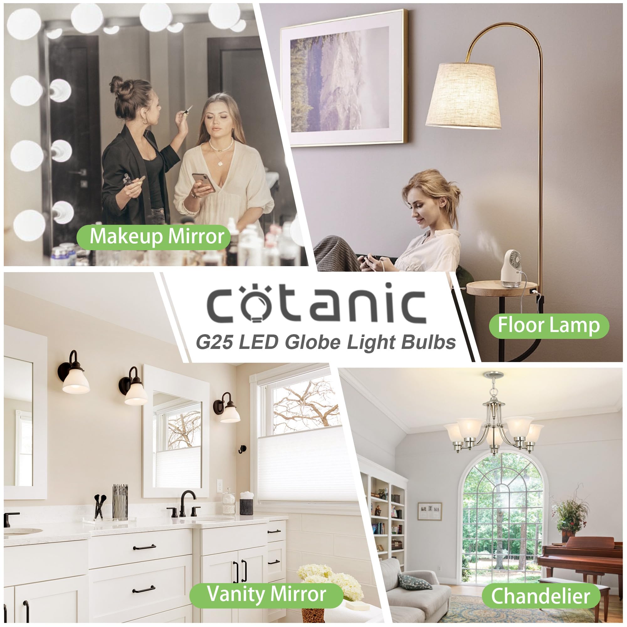 Cotanic G25 LED Globe Light Bulbs - 5W (60W Equivalent) 4000K Daylight Vanity Bulbs, Non-Dimmable E26 Medium Screw Base, 500lm, Pack of 4 - Perfect for Makeup Mirrors, Bedroom Lighting & Bathroom Vanity Areas