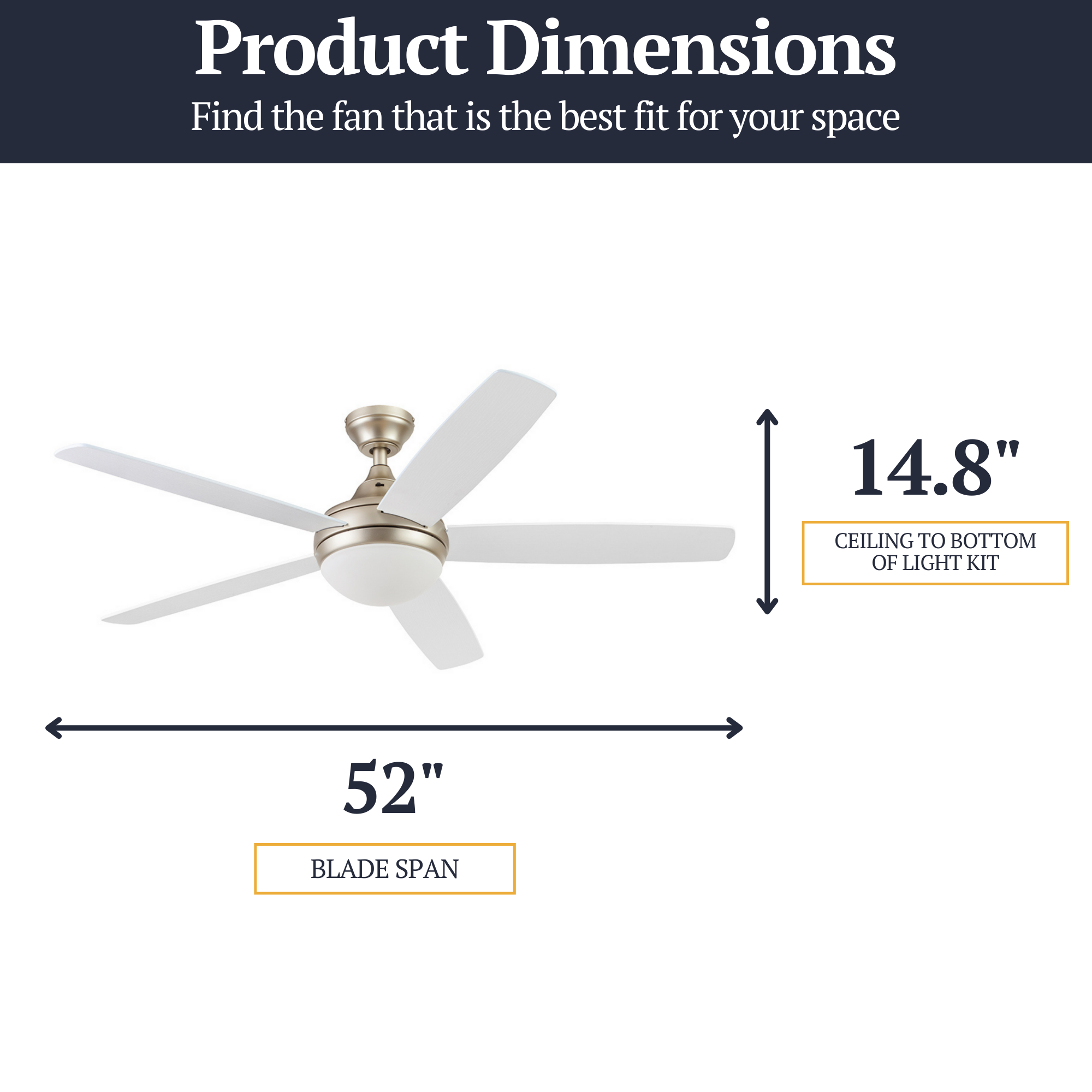 52 Inch Ashby Soft Gold Ceiling Fan with Remote Control - Perfect for Living Room, Bedroom, and Indoor Spaces
