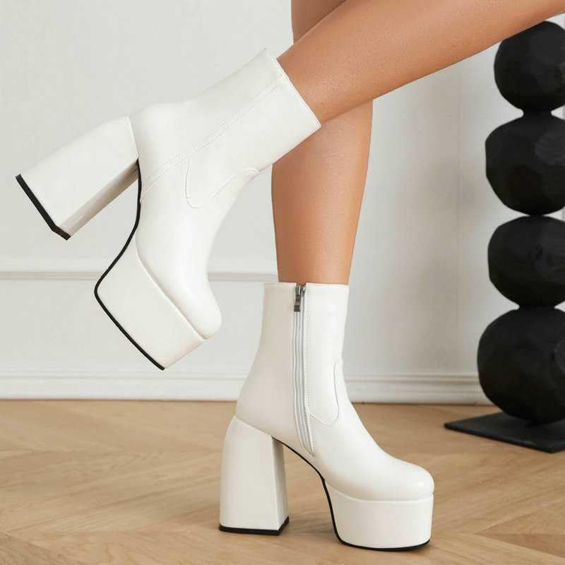 Women's Chunky Heel Ankle Boots - Platform Block Heel, Square Toe, Zipper Closure Punk Combat Motorcycle Boots for Women | Stylish & Comfortable Mid-Calf Boots for Casual Outfits, Night Out & Biker Fashion