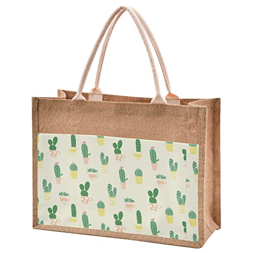 Eco-Friendly Cactus Print Yellow Jute Tote Bag - Reusable Burlap Straw Beach Bag for Grocery Shopping, Farmers Market & Wedding Gifts | Perfect for Summer Outings, Picnics & Sustainable Lifestyle