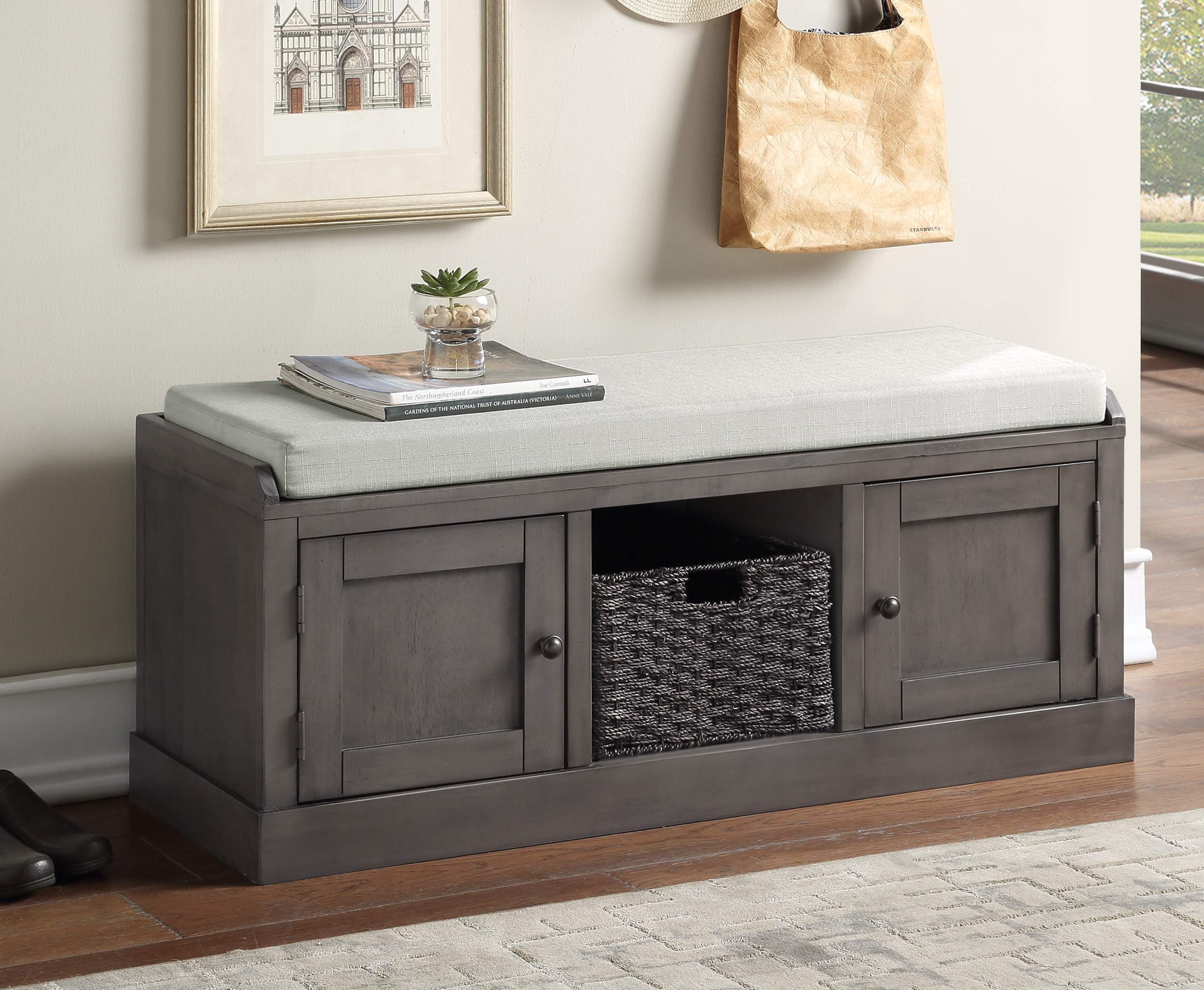 Rustic Storage Bench with Removable Cushion, 1 Basket & 2 Cabinets - Multifunctional Shoe Bench for Entryway, Living Room, Hallway - Perfect for Organizing Shoes, Blankets & Home Decor