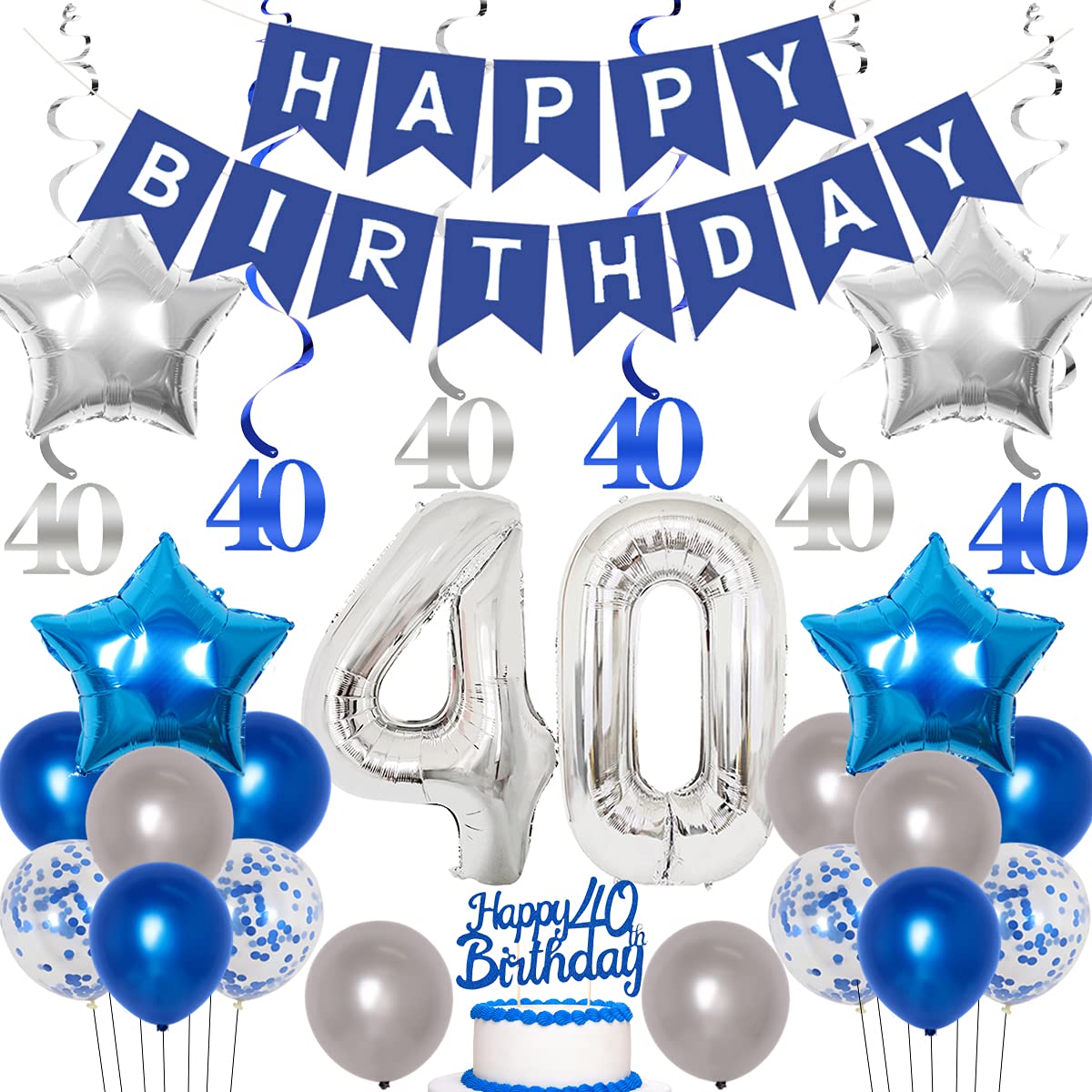40th Birthday Party Decorations Set - Blue & Silver Theme for Men & Women - Includes Cake Topper, Number 40 & Foil Balloons - Perfect for Anniversary Celebrations, Milestone Parties & Surprise Events