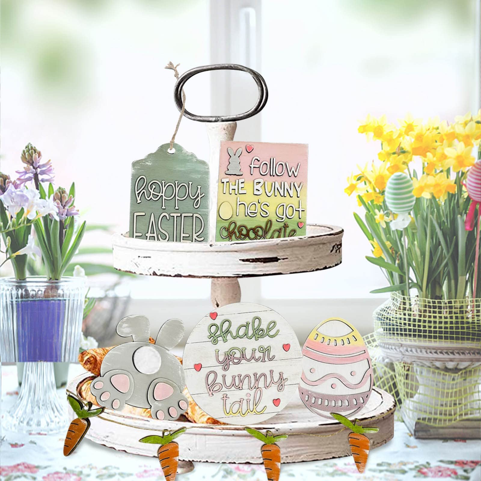 3D Mini Wooden Bunny Signs Easter Tiered Tray Decor - Rustic Wooden Easter Decorations for Home, Office & Party - Perfect for Spring Table Centerpieces, Shelf Displays & Holiday Gift Giving
