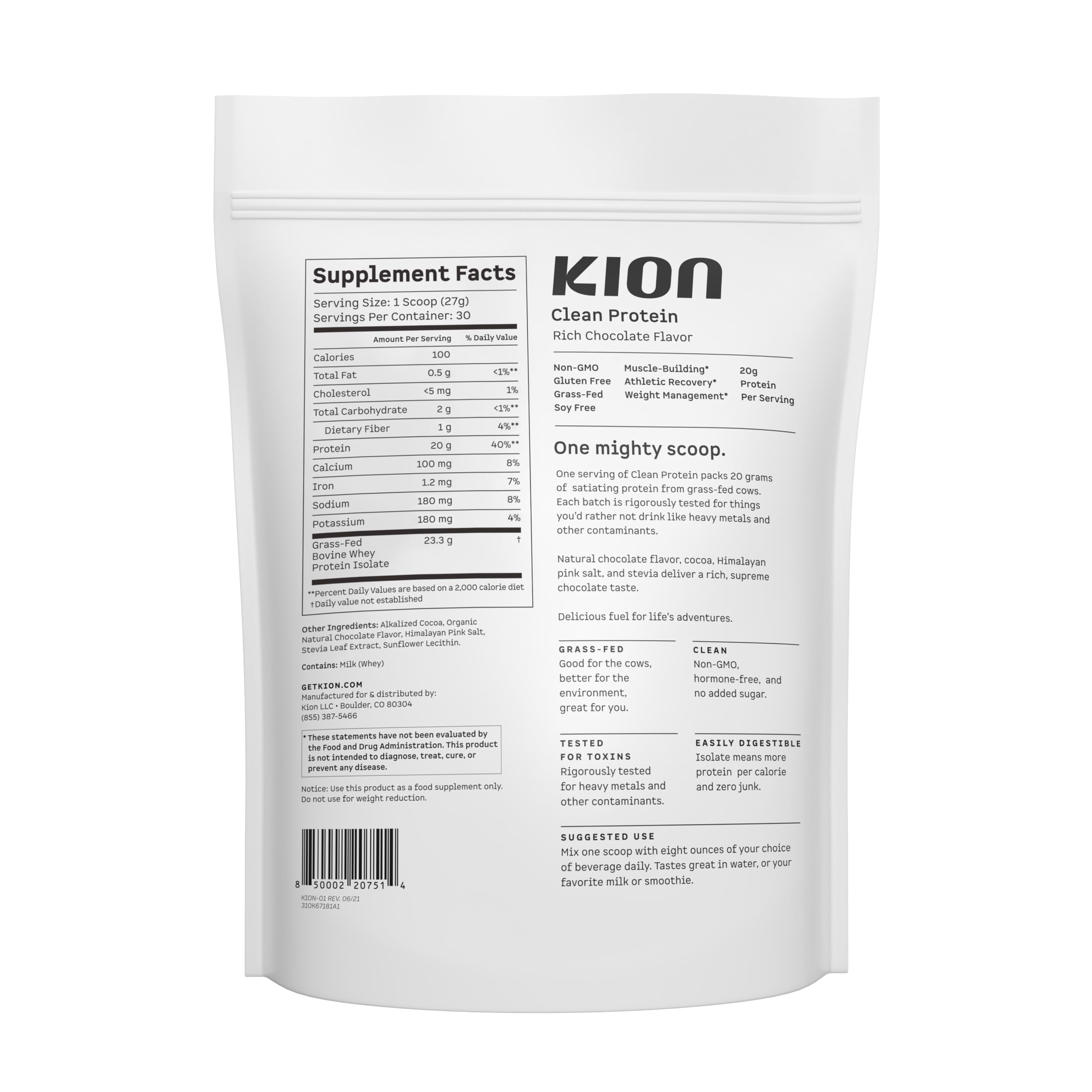 Kion Clean Protein Powder | Grass-Fed Whey Isolate | Rich Chocolate Flavor | 30 Servings | Post-Workout Recovery & Healthy Lifestyle Support