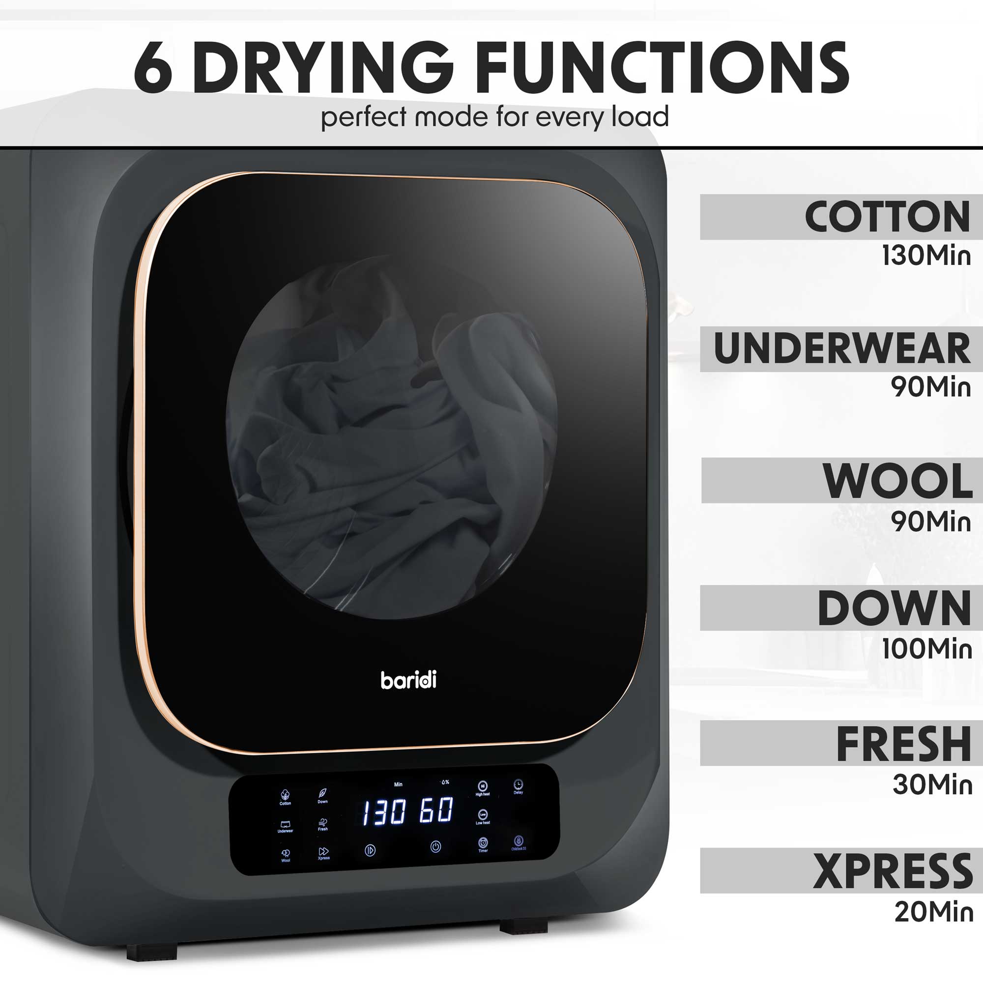 Baridi Mini Tabletop Tumble Dryer with Digital Controls - 2.5kg Capacity Compact Laundry Dryer for Small Spaces - Includes Wall Mounted Brackets (Model DH229) - Perfect for Apartments, Dorms, RVs & Tiny Homes