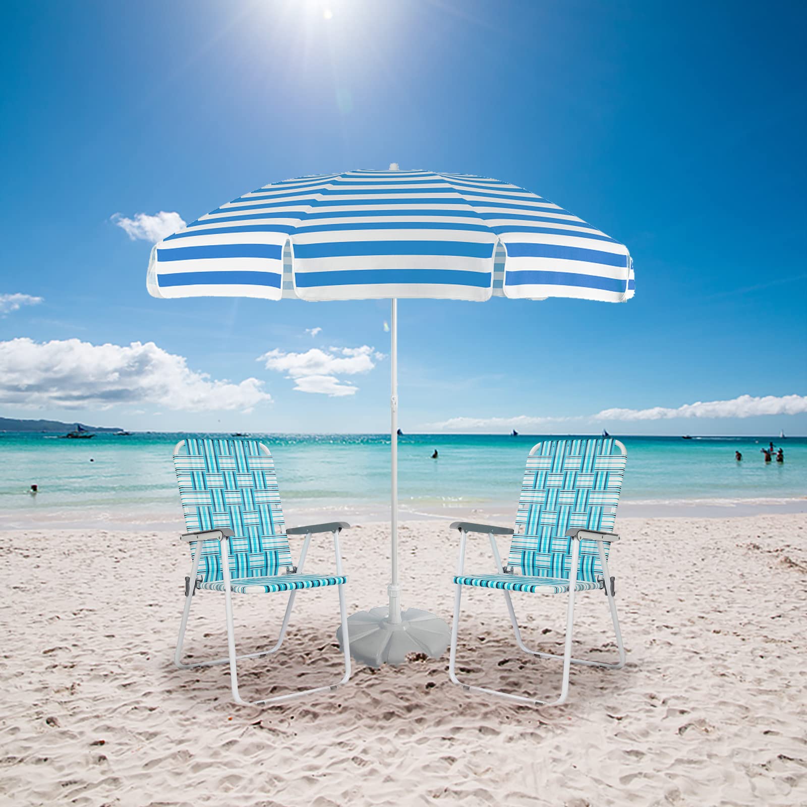 VINGLI 4-Pack Webbed Folding Chairs for Patio, Lawn, Beach & Outdoor Dining - Portable Garden Chairs for Yard, Camping & Picnics (White & Blue, Classic Design)