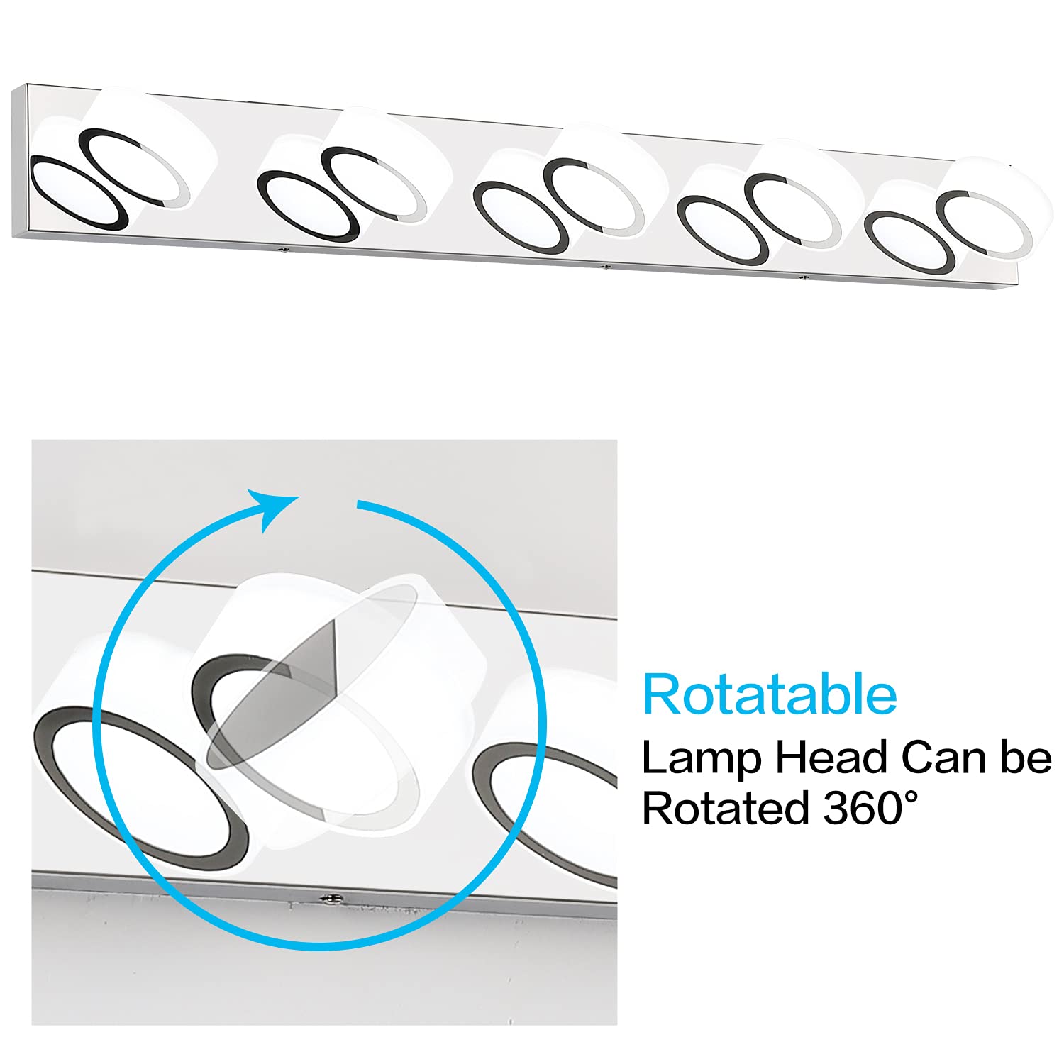 SOLFART 37 Inch Modern LED Vanity Light - 5 Light White Rotating Round Acrylic with Chrome Base - Bathroom Mirror Lighting Fixture for Makeup & Shaving - Perfect for Bedroom, Dressing Room & Spa Areas