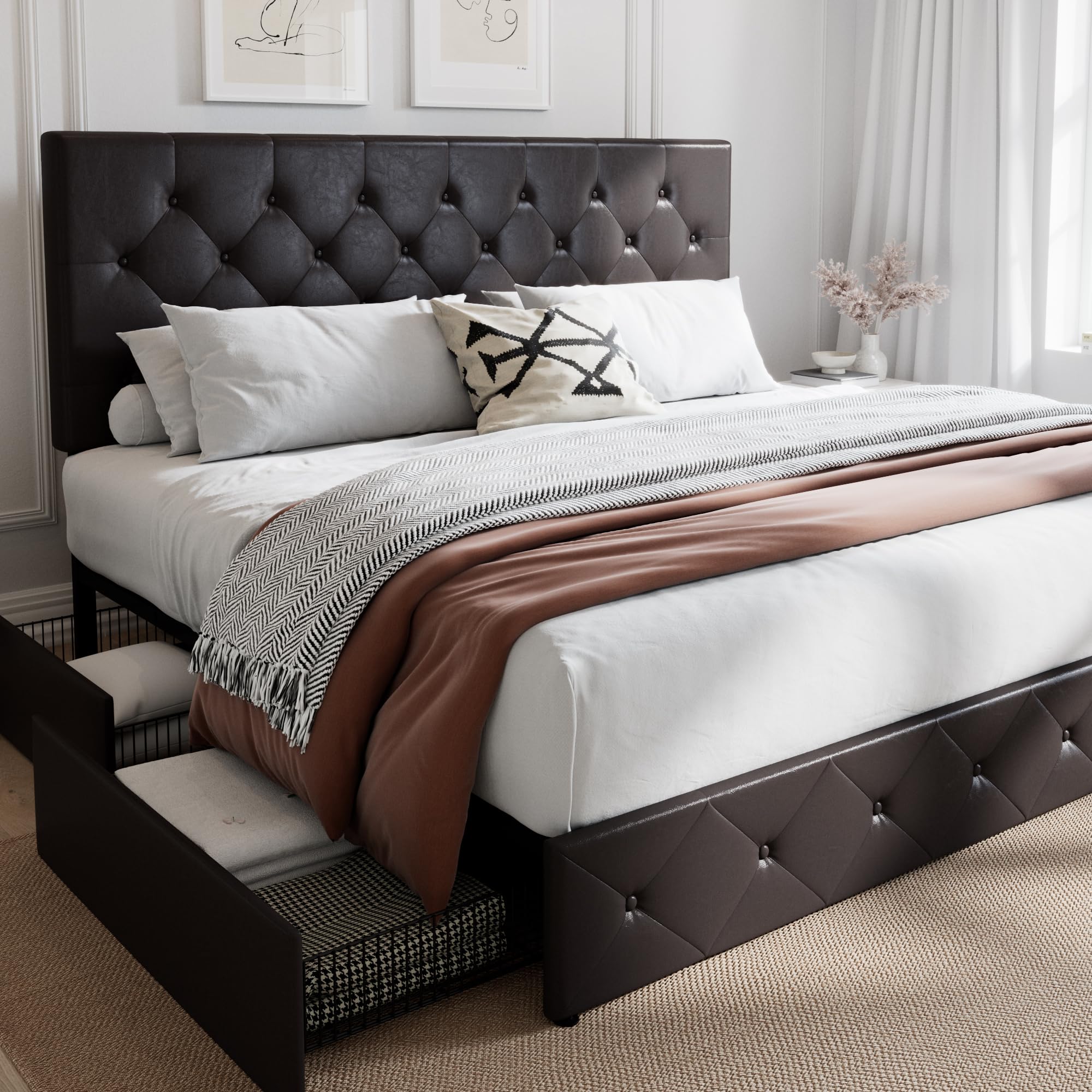 SHA CERLIN Upholstered King Size Platform Bed Frame with 4 Storage Drawers - Adjustable Diamond Stitched Headboard, Wooden Slat Support, No Box Spring Needed (Black Brown) - Perfect for Master Bedroom, Guest Room & Small Space Storage Solutions