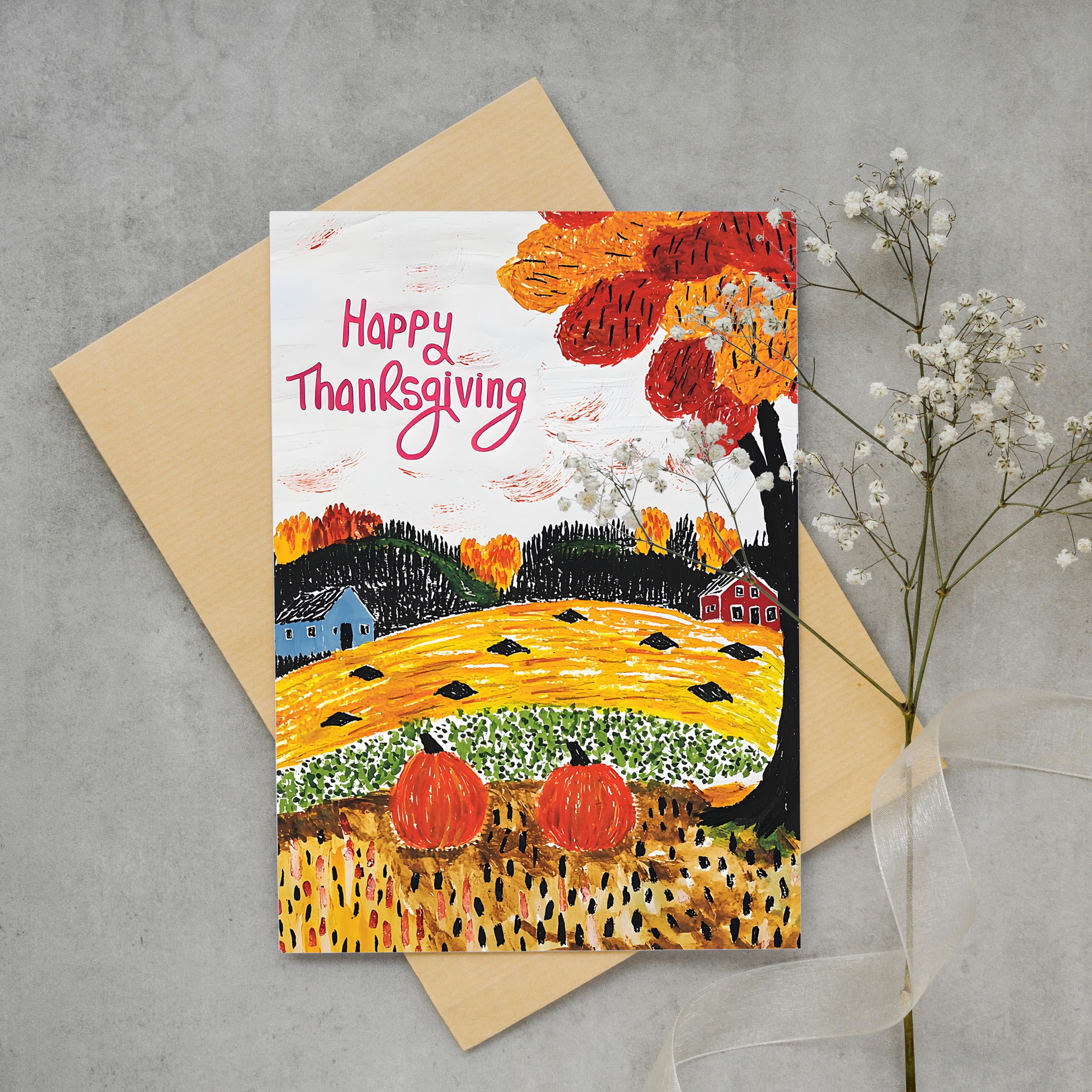 Thanksgiving Digital Card - Folk Art Autumn Landscape Printable - Instant Download for Holiday Greetings & Decor