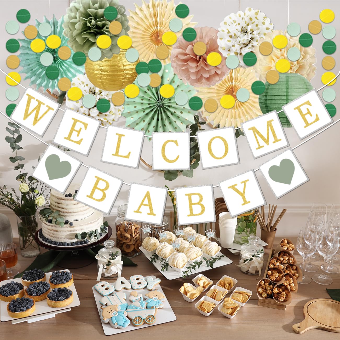 Sage Green & Gold Baby Shower Decorations Set - Welcome Baby Banner, Olive Green Tissue Pom Poms, Paper Flowers & Lanterns - Gender Neutral Nursery Decor for Boys & Girls - Perfect for Baby Reveal Parties & Newborn Celebrations
