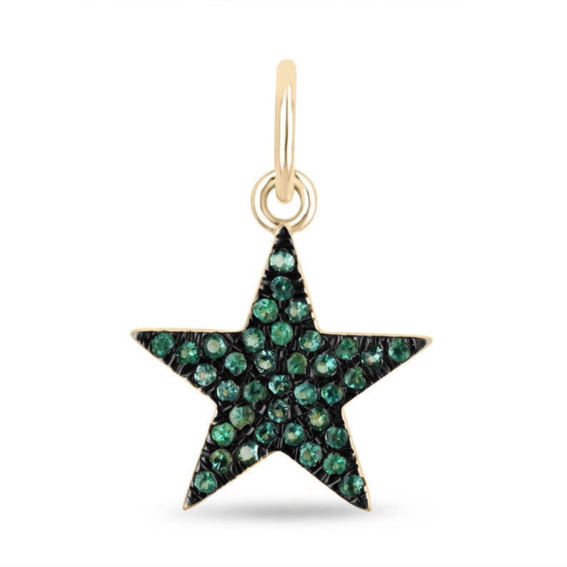 0.20tcw 14K Gold Emerald Star Charm Pendant - Black Rhodium Plated Round Cut Vivid Green Gemstone Jewelry for Women - Perfect for Birthday Gifts, Anniversary & Everyday Elegance