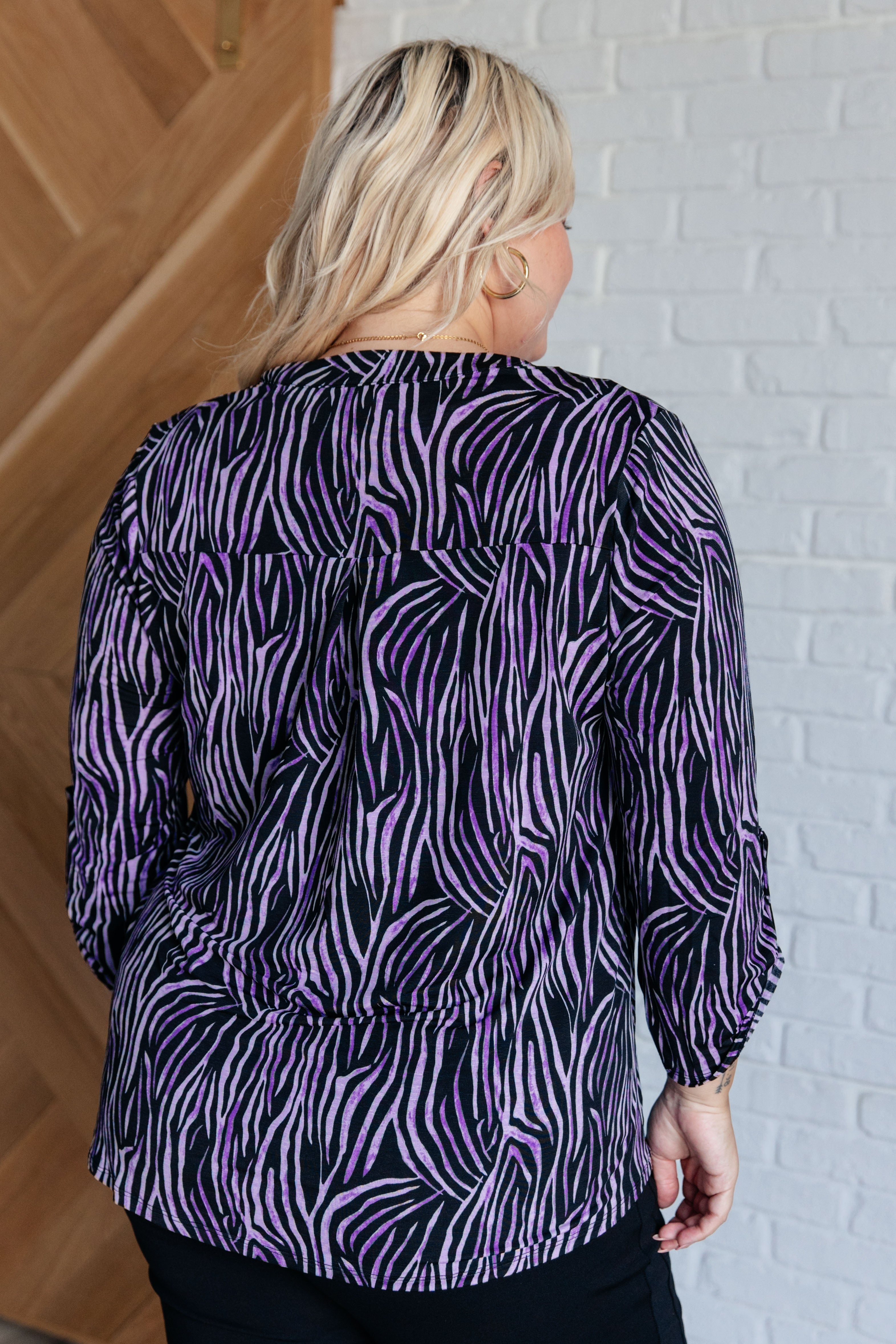 Lizzy Top Women's Fashion Blouse - Violet & Black Multi-Stroke Print | Casual Wear, Office Outfit, Party Dress