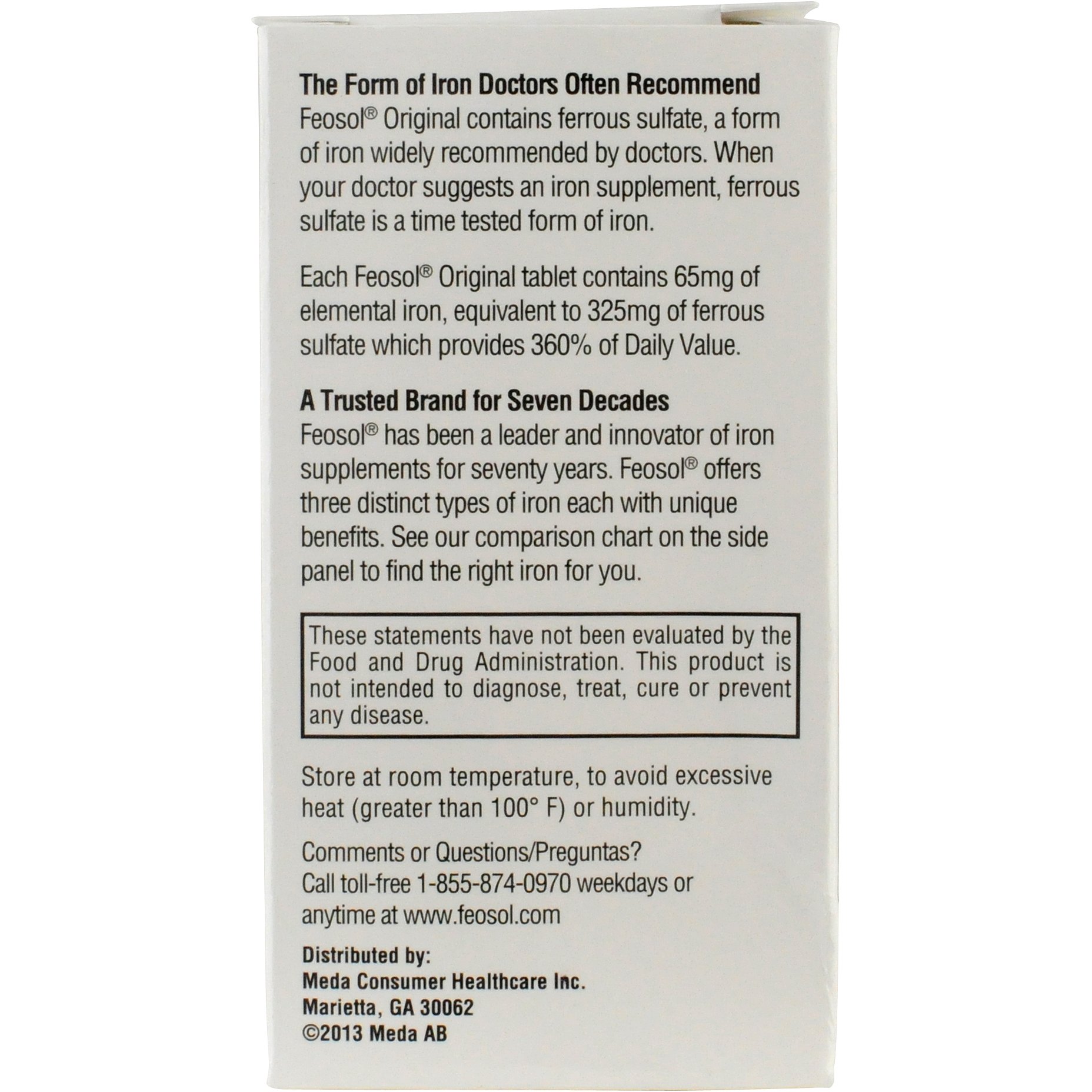 Feosol Original Iron Supplement Tablets - 325mg Ferrous Sulfate (65mg Elemental Iron) per Pill, 120 Count (4 Month Supply) - Non-Heme Iron for Energy & Immune Support - Made in USA - Ideal for Anemia Prevention & Fatigue Relief