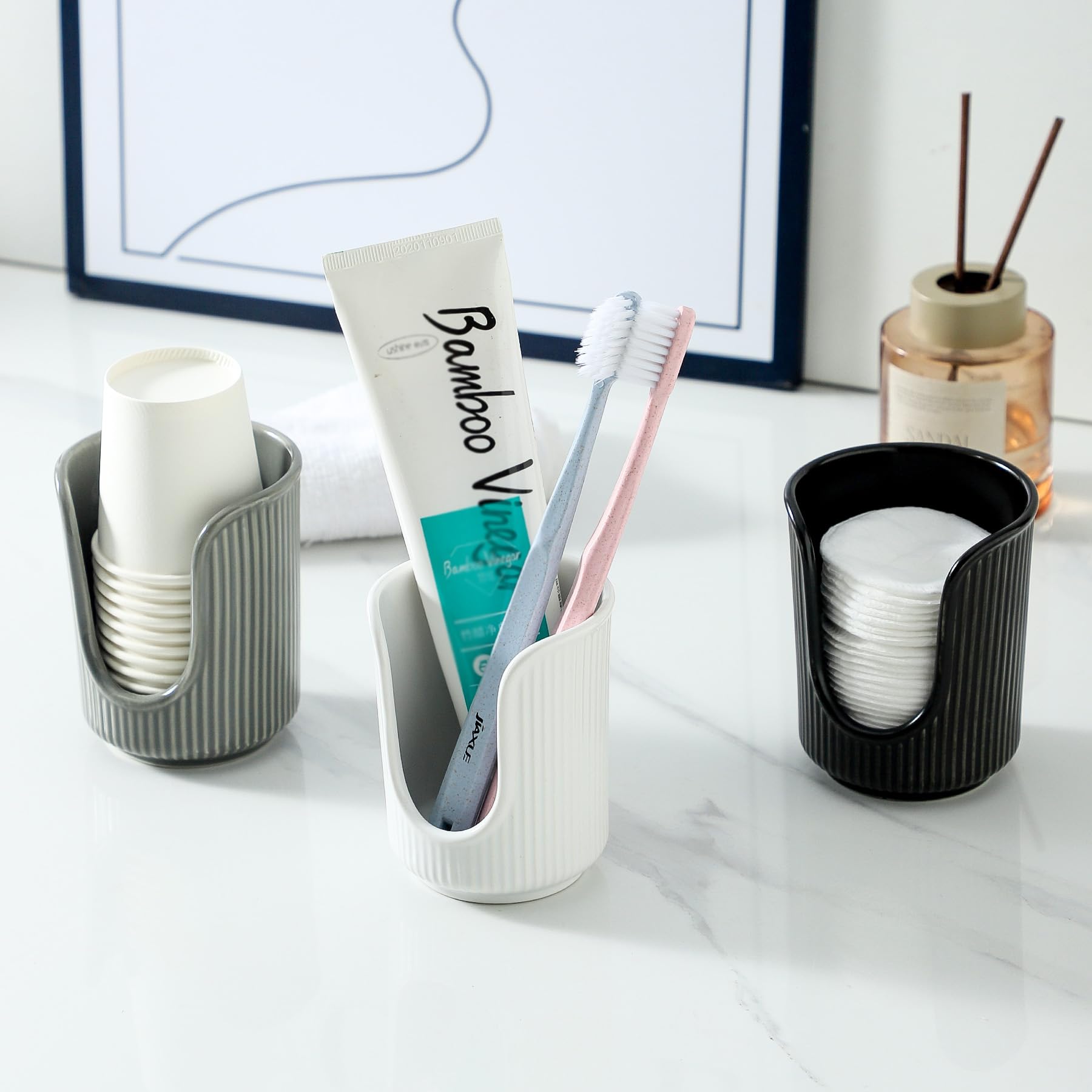 Stylish White Ceramic Bathroom Cup Dispenser with Vertical Stripes - Holds 3-4oz Disposable Paper Cups for Mouthwash & Rinsing - Perfect for Vanity Countertops, Guest Bathrooms & Dental Offices