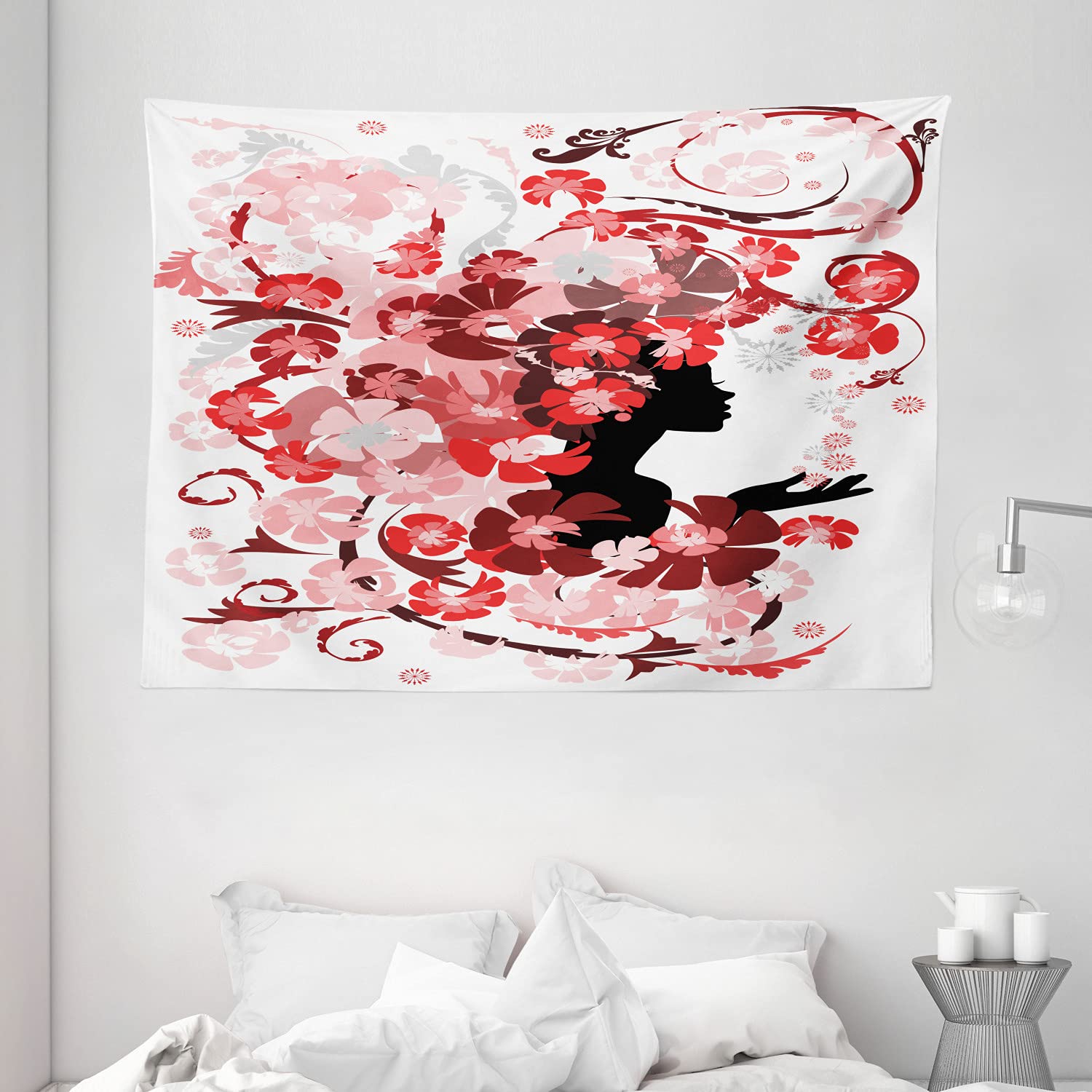 Ambesonne Floral Tapestry Wall Hanging - Pink Blossom Design with Long Hair Girl Art, 80