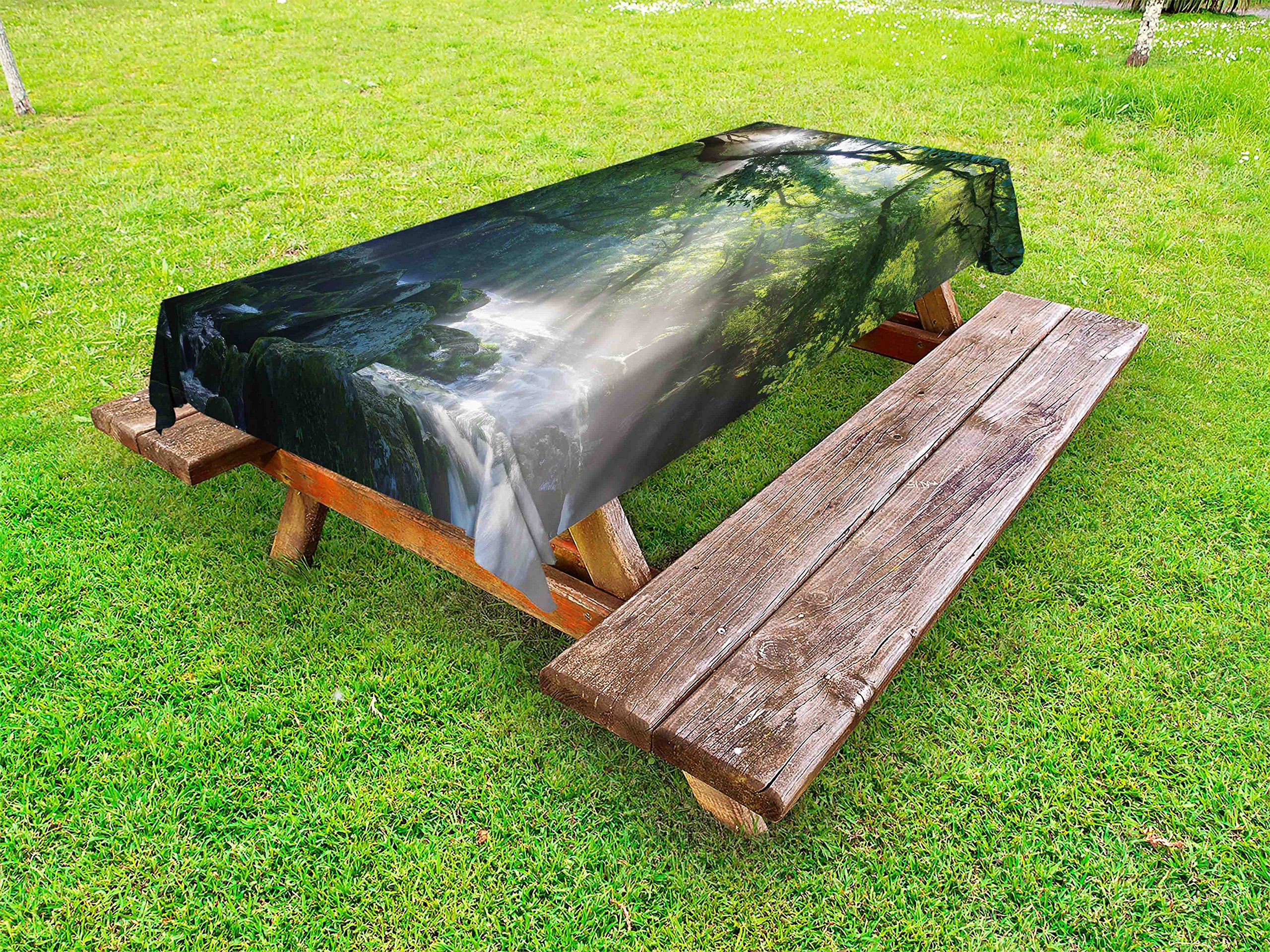 Ambesonne Waterproof Rainforest Tablecloth - Green & White Jungle Stream Design with Sun Rays & Stones - 58