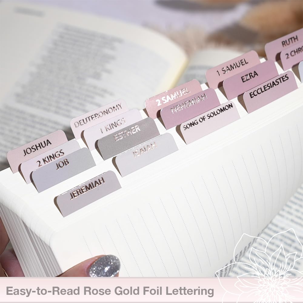 Idyllic Grace - Premium Rose Gold Foil Bible Tabs Set (90 Tabs) for Old & New Testament Study - Durable Glossy Laminated Indexing Tabs - Perfect for Bible Journaling, Christian & Catholic Devotion - Great Gift for Bible Study Groups & Personal Scripture Reflection