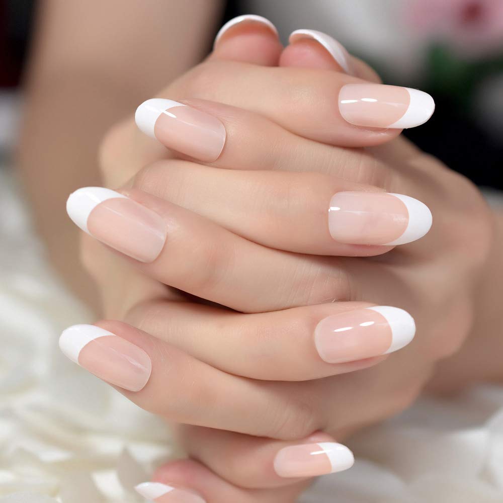 24-Pack Beige Acrylic French Fake Nails - Medium Length Oval Artificial Nails with Salon Nail Art Tips for Manicure & Nail Extension | Perfect for Weddings, Parties & Daily Wear