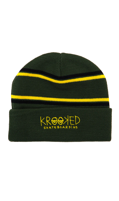 Krooked Eyes Beanie - Green, Black & Yellow Skull Design - Warm Winter Hat for Men & Women - Perfect for Skateboarding, Snowboarding & Streetwear Fashion