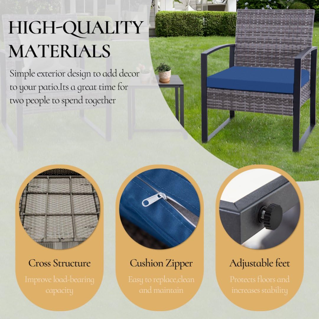 3 Piece Patio Bistro Set - Outdoor Wicker Rattan Table and 2 Chairs for Balcony, Porch, Backyard, Poolside - Grey Wicker with Blue Cushions - Perfect for Small Spaces, Apartment Living & Relaxing Outdoors
