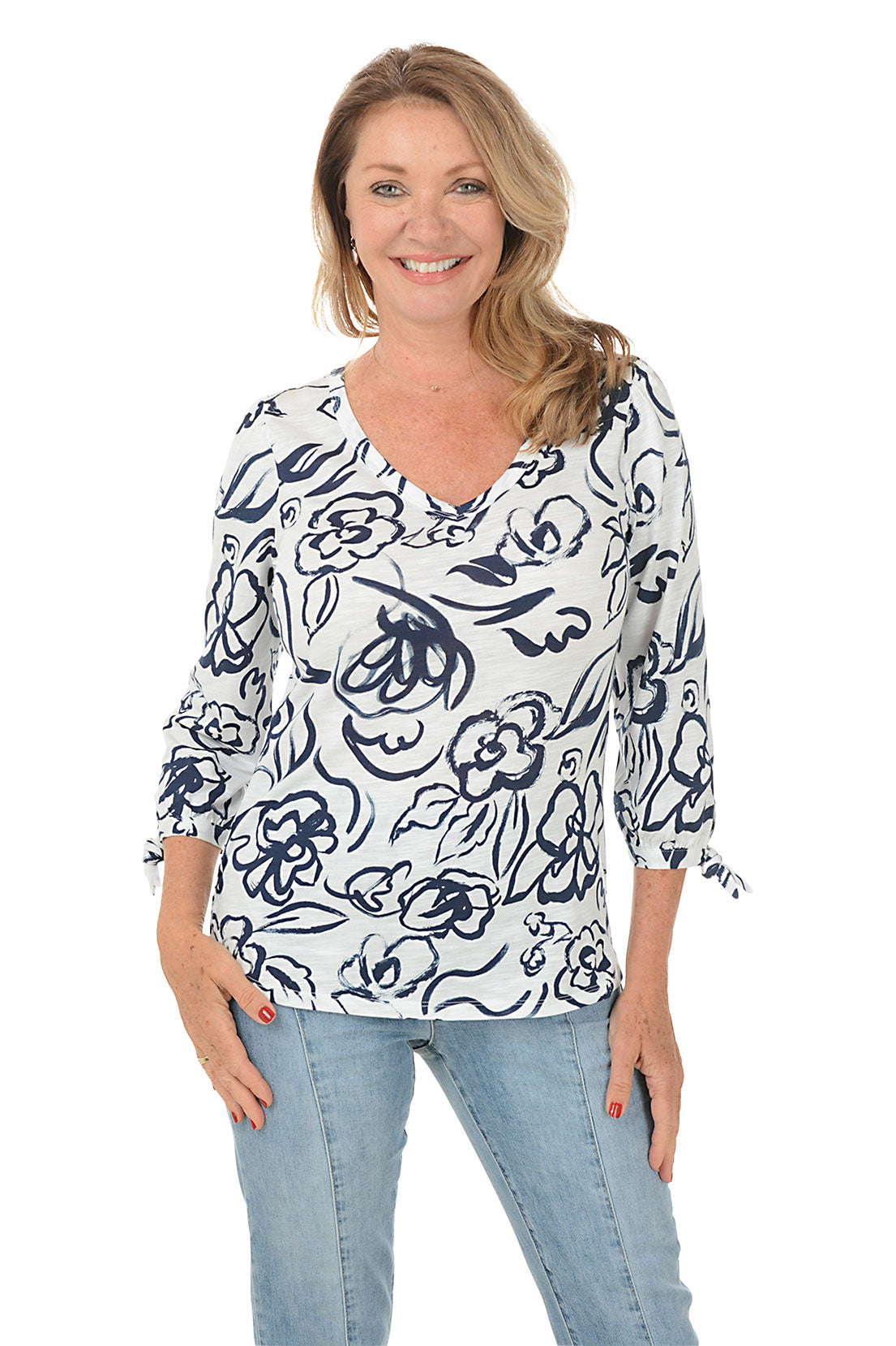 Rosette 3/4 Sleeve Slub Knit Top for Women - Soft Casual T-Shirt with Textured Fabric - Perfect for Everyday Wear, Office & Weekend Outfits
