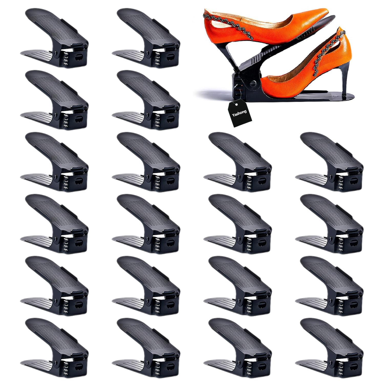 20PCS Adjustable Double Layer Stackable Shoe Rack Organizer - Space Saving Shoe Storage for Closet, Entryway & Under Bed - Black Shoe Holder for Sneakers, Boots & Heels