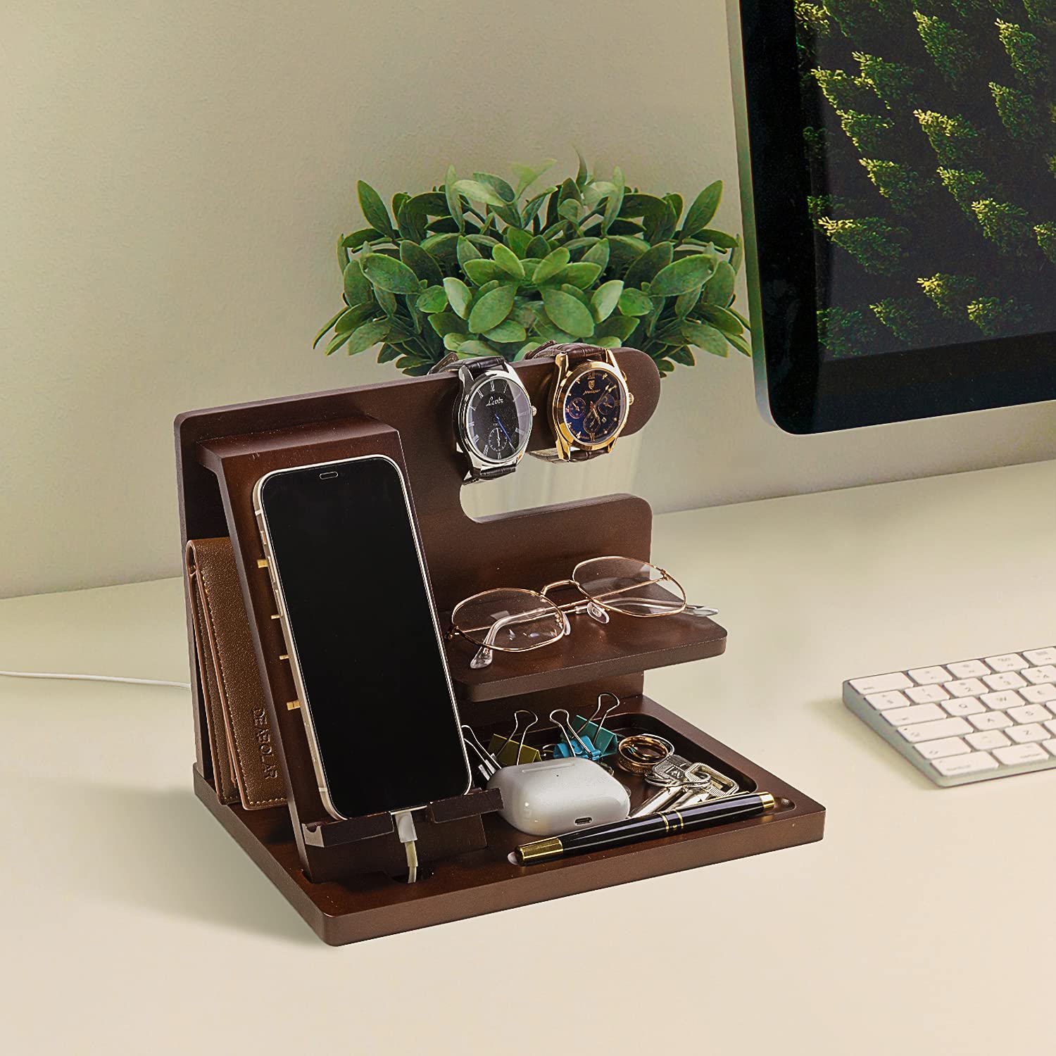 Personalized Wood Phone Docking Station with Key Holder & Wallet Stand - Trust in The Lord Bible Verse - Perfect Gift for Men, Husband, Boyfriend, Dad or Son - Birthday, Christmas, Father's Day Gift Idea - Organize Phone, Keys, Wallet & Watch on Nightstand or Office Desk
