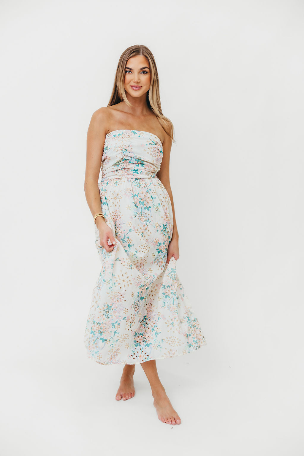 Rosella Floral Eyelet Lace Ruched Tube Maxi Dress - Women's Spring Summer Boho Flowy Long Dress for Beach Wedding Party Vacation
