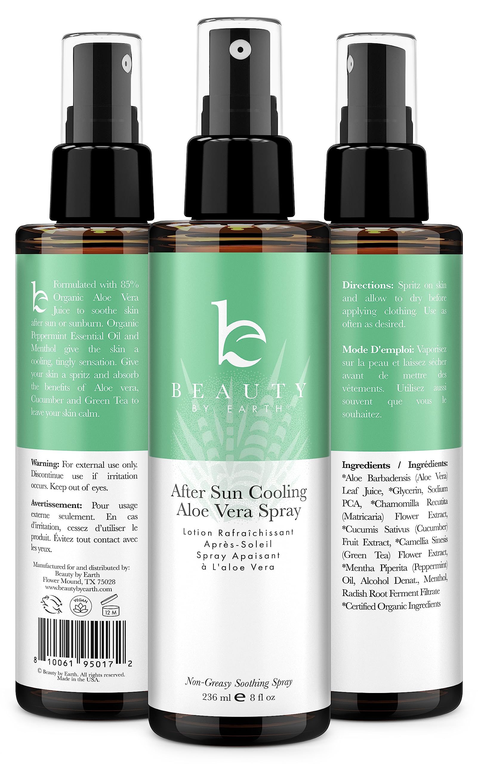 Organic Aloe Vera After Sun Cooling Spray by Beauty by Earth - USA Made, Fast Absorbing Sunburn Relief & Skin Hydration for Body | Perfect for Post-Sun Exposure, Beach Days & Outdoor Activities