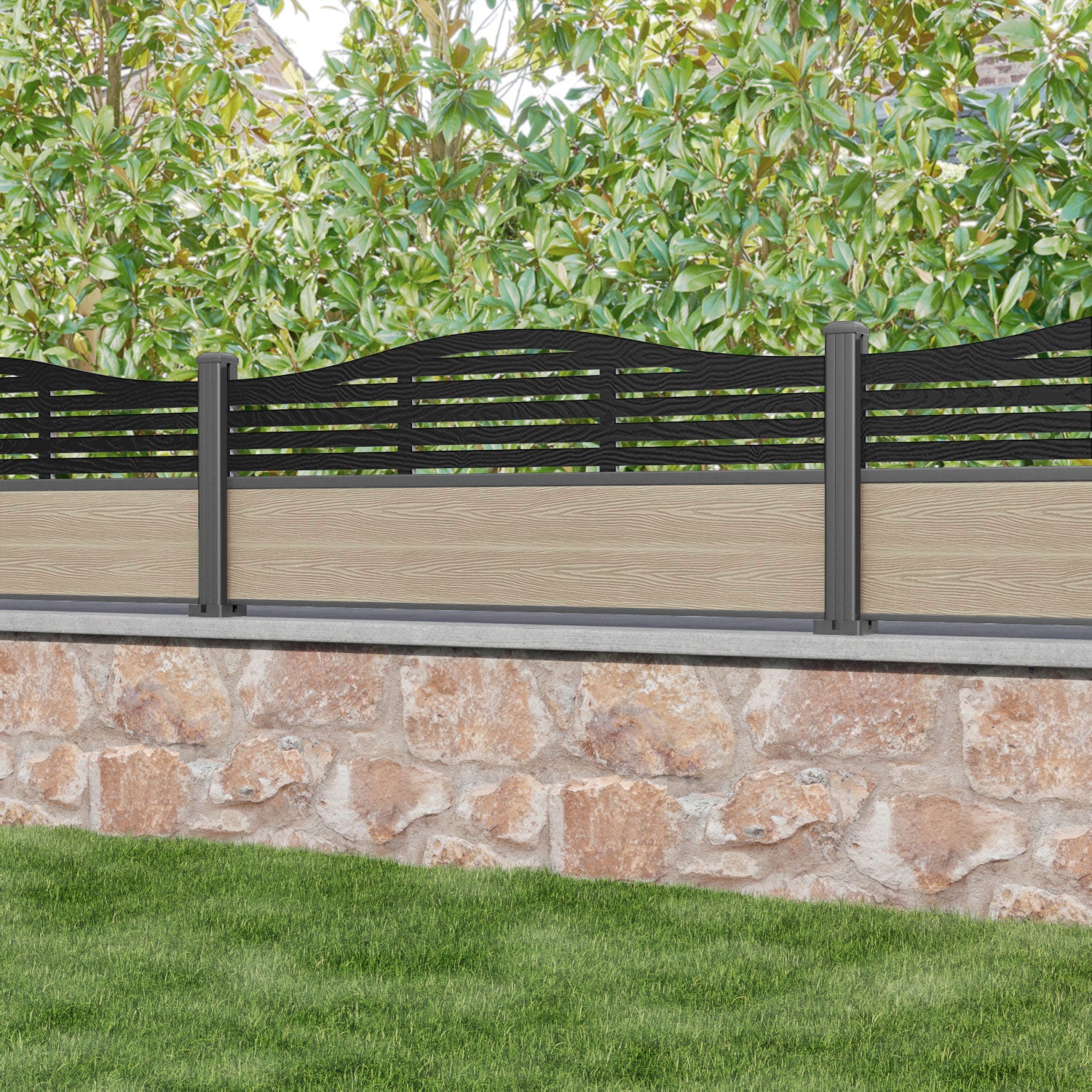 Classic Aspen Curved Top Fence Panel - Light Oak Wood Privacy Fence with Aluminum Posts for Backyard, Garden, and Outdoor Decoration
