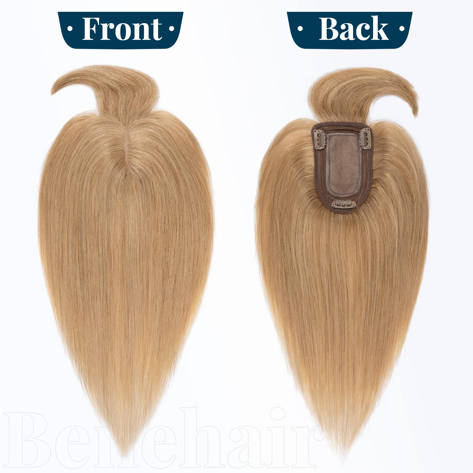 Benehair Clip-in Hair Topper with Bangs - 100% Human Hair Top Hairpiece for Women with Thinning Hair | 16 Inch 48g #27 Dark Blonde | Natural-Looking Fringe Bang Replacement Wiglet for Everyday Wear & Special Occasions