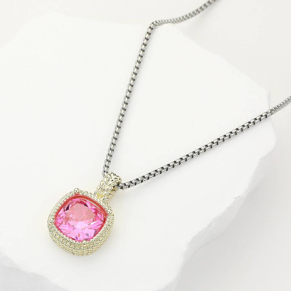 14K Gold Plated Square CZ Necklace with Pink Stone Pendant - Elegant Jewelry for Women, Perfect for Valentine's Day Gifts, Anniversary, Party & Everyday Wear