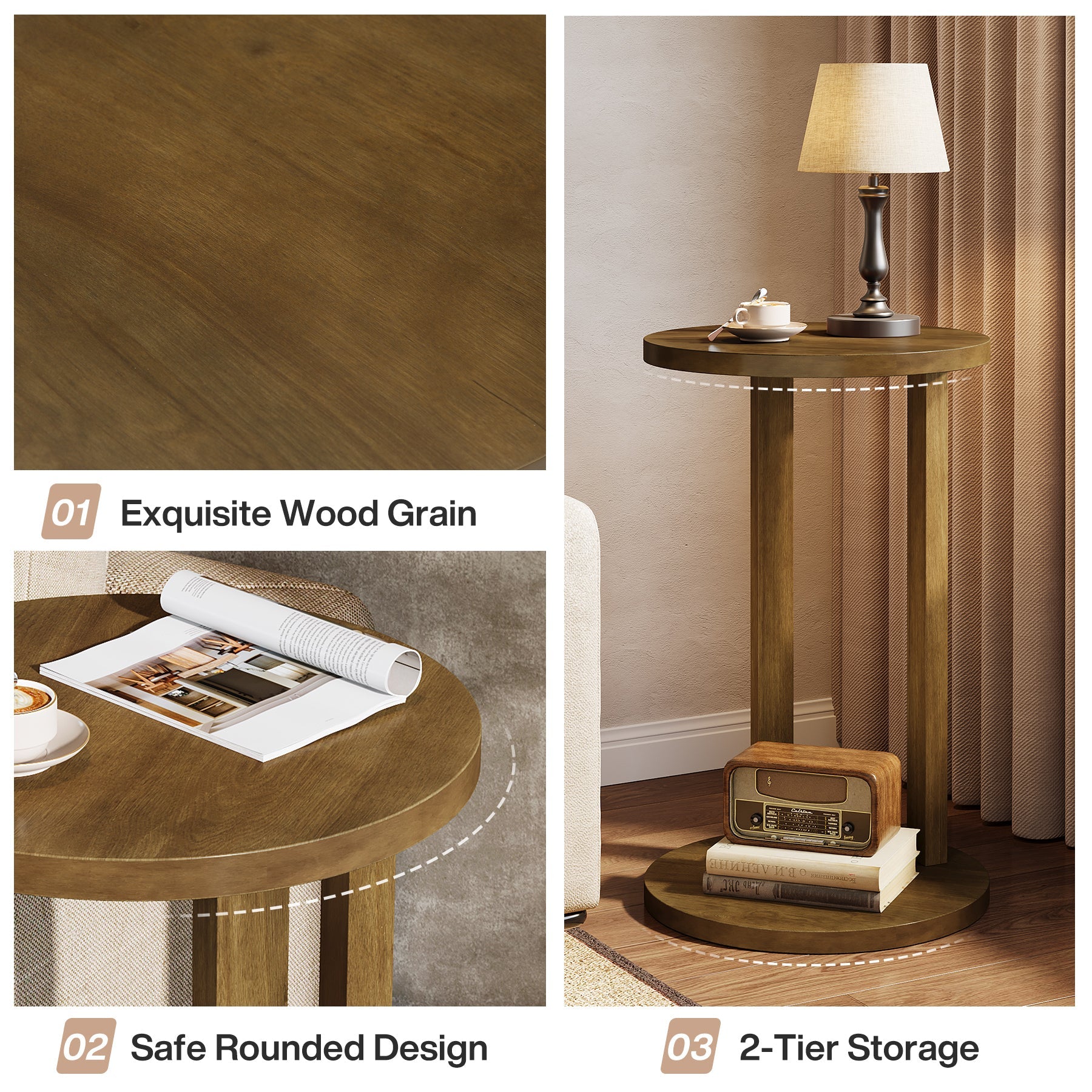 Round End Table with 2 Tiers & Solid Wood Legs - Stylish Side Table for Living Room, Bedroom, or Office Décor