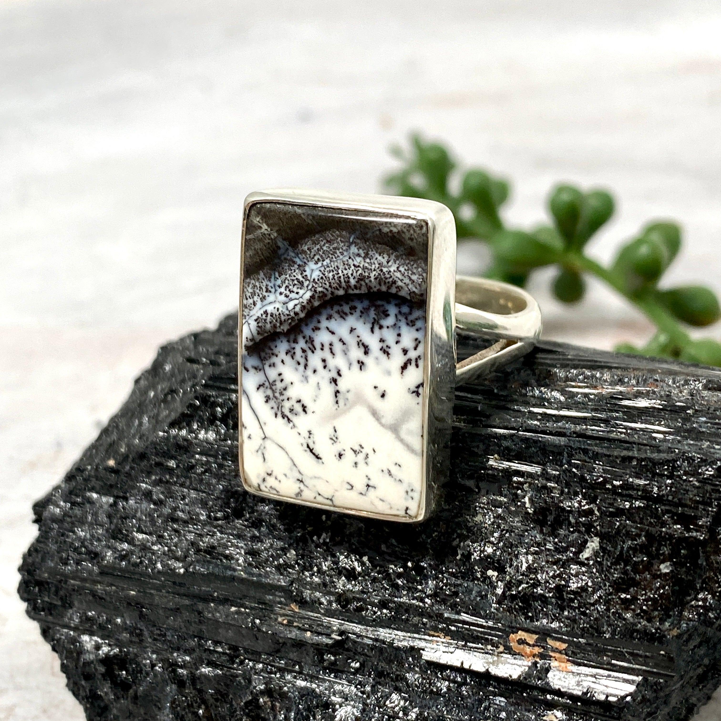 Dendritic Opal Rectangular Ring Size 9 KRGJ2293 - Elegant Handmade Jewelry for Women, Perfect for Weddings, Parties & Special Occasions