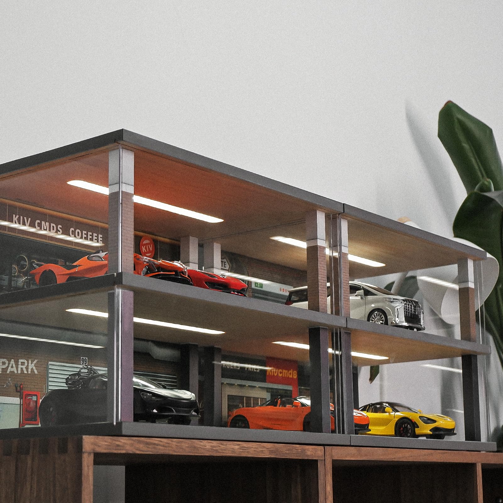 1:24 Scale Alloy Car Model Display Case with LED Light & Dust Cover - Coffee Bar Parking Lot Scene for Diecast Toy Cars, Lego & Collectibles - Perfect for Home Decoration, Gift & Showcase