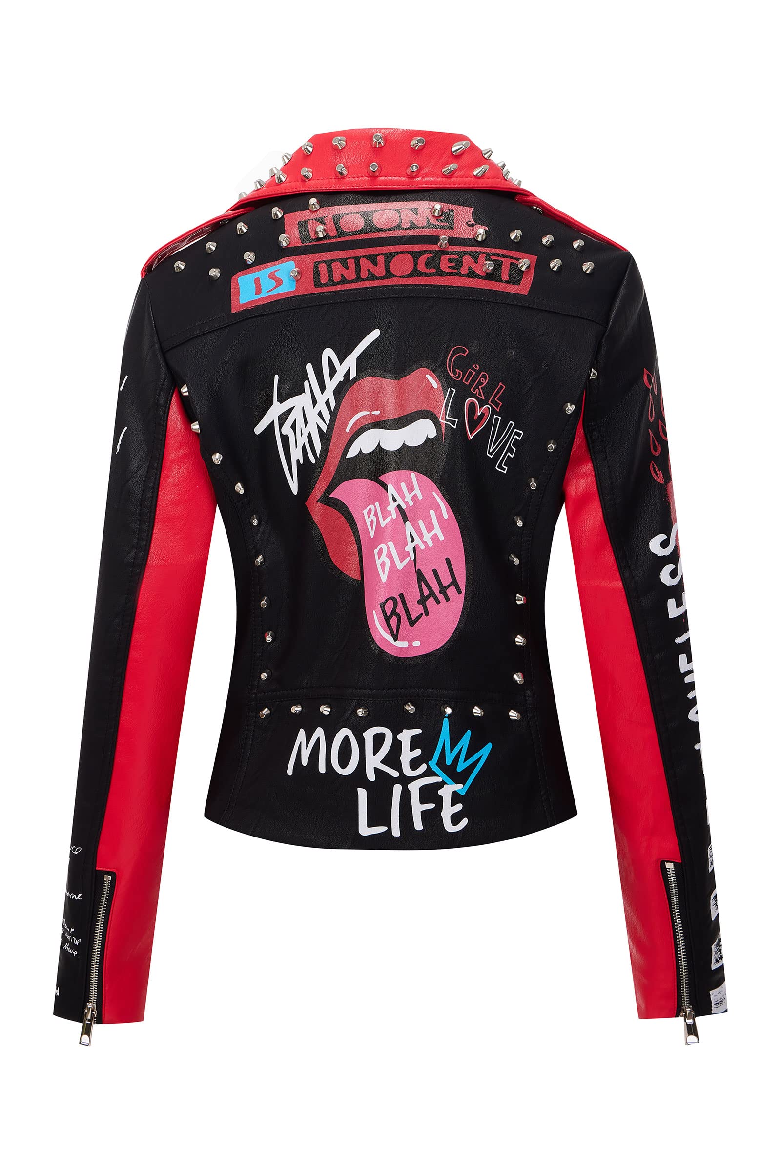 RISISSIDA Women's Faux Leather Jacket with Studs & Rivets - Trendy Moto Biker Jacket for Spring, Fall & Winter - Streetwear Fashion with Belt - Perfect for Casual Outings, Nightlife & Motorcycle Riding