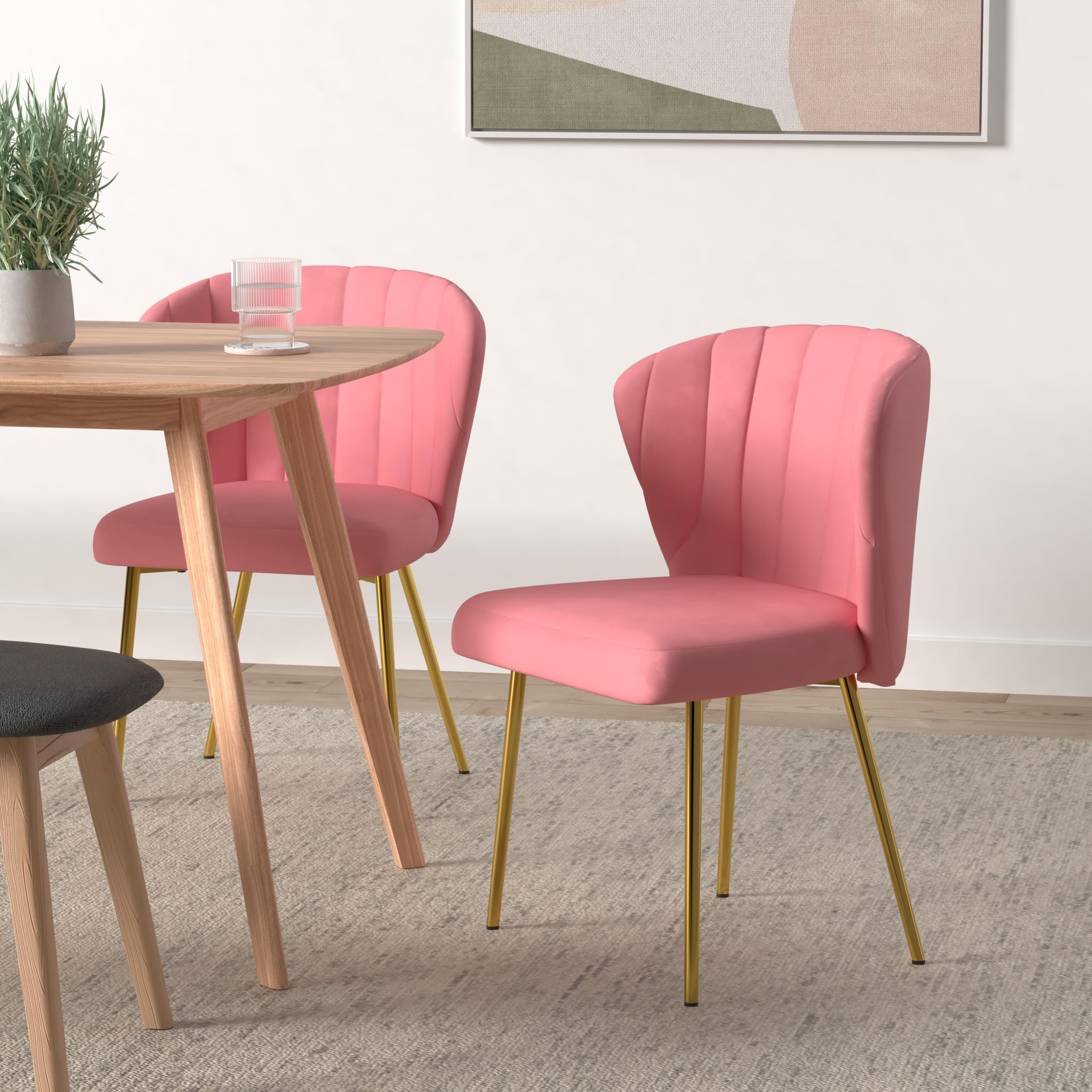 Luxury Velvet Dining Chairs Set of 4 - Tufted Upholstered Mid Century Modern Chairs with Golden Metal Legs for Dining Room, Kitchen, Living Room (Pink) | Elegant Home Decor & Dinner Party Seating