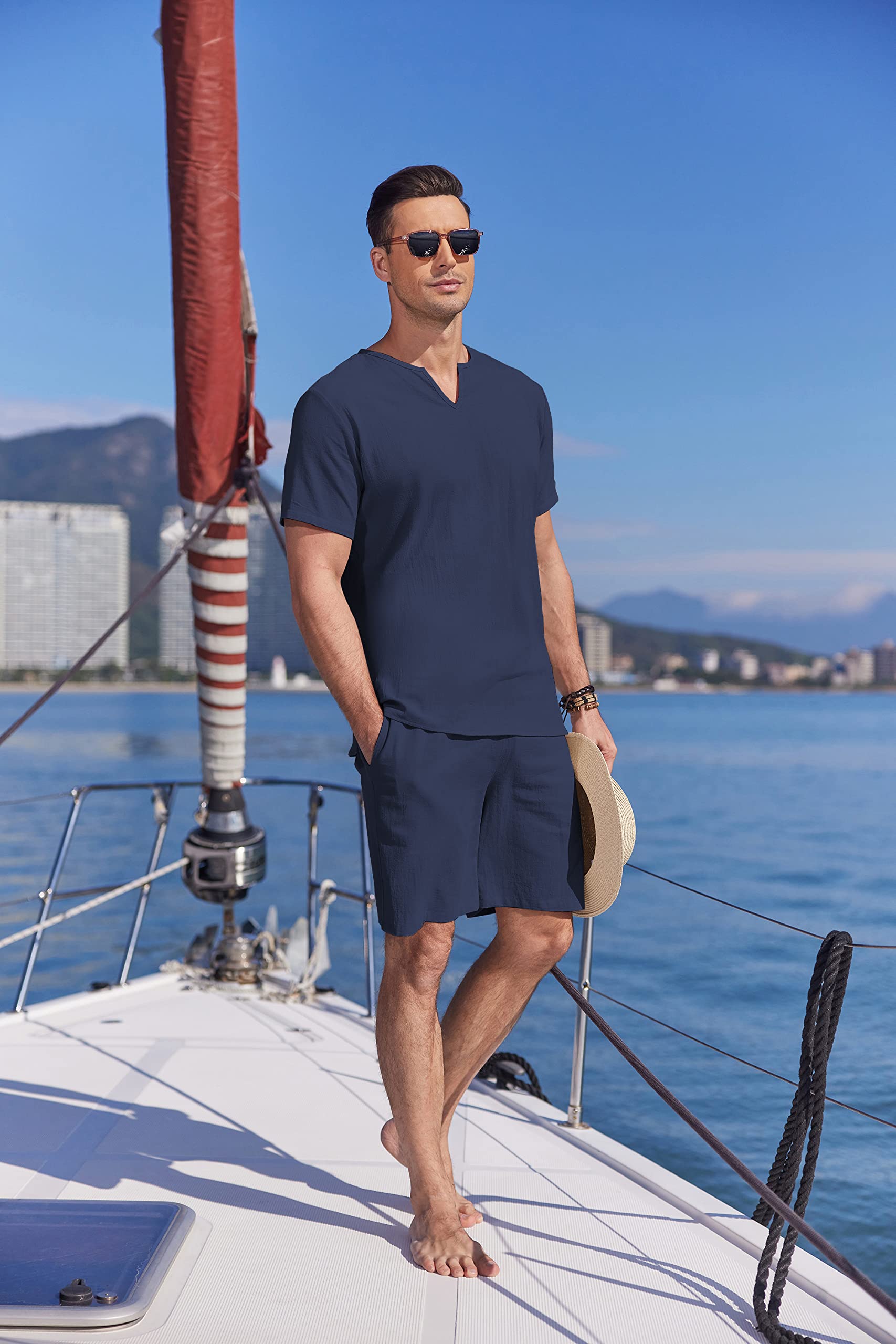 COOFANDY Men's Matching Shirt and Shorts Set - Summer Cotton Linen Lounge Suit | 2-Piece Lightweight Beach Outfit in Navy Blue | Perfect for Casual Wear, Vacation & Outdoor Activities