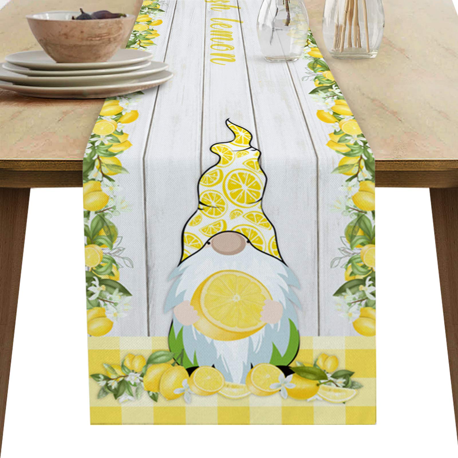 90 Inch Burlap Linen Table Runner with Lemon Gnome Design - Rustic Farmhouse Decor for Kitchen, Dining Table, Coffee Table, Dresser - Perfect for Summer Parties, Banquets & Buffalo-Themed Events