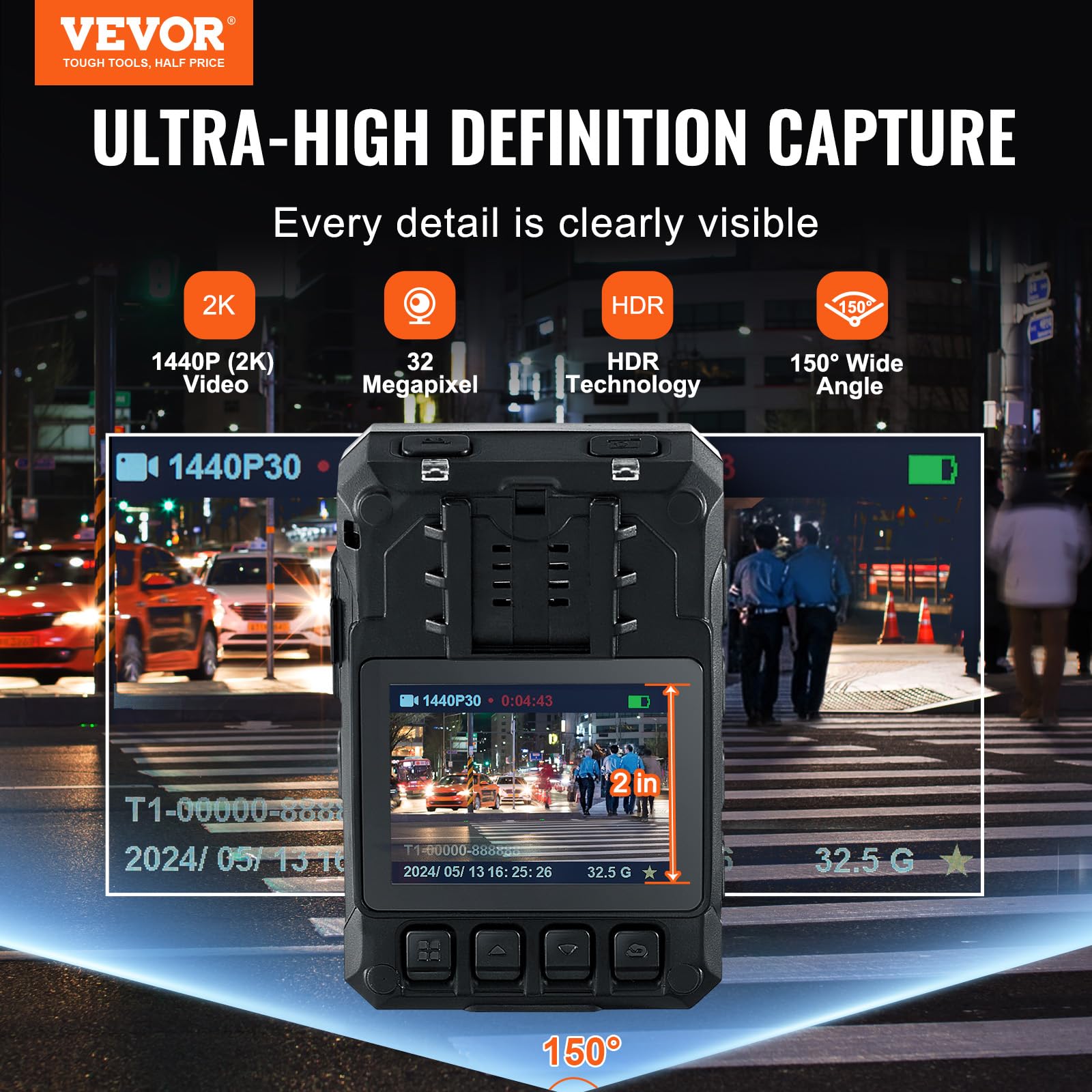 VEVOR 1440P HD Police Body Camera with Audio Video Recording, 64GB Storage, 3500mAh Battery, 2